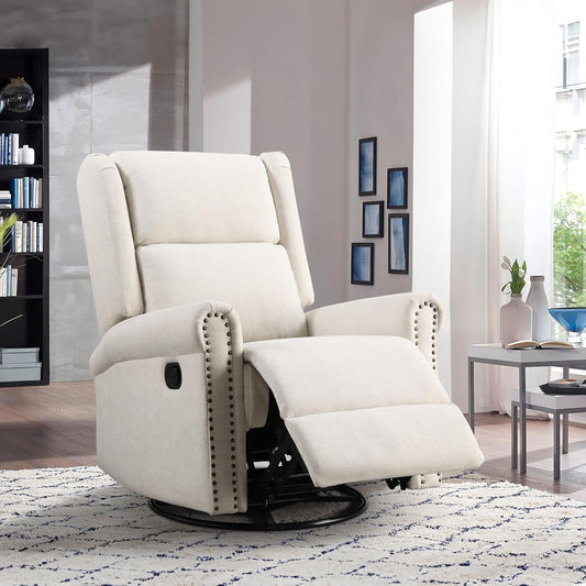 Antetek Swivel Rocking Recliner Chair, Velvet Nursery Glider Chair with Footrest/High Back, Manual Wingback Upholstered Nursery Rocking Chairs for Living Room, Nursery, Bedroom, Ivory