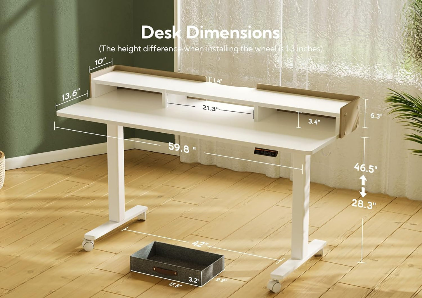 Claiks Standing Desk with Drawers, Adjustable Stand Up Electric Standing Desk Adjustable Height with Storage Shelf and Splice Board, 59 Inch, White