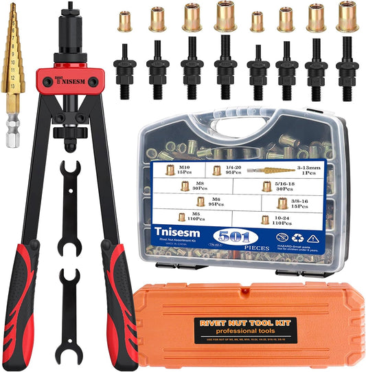 Tnisesm Rivet Nut Tool Kit with 501Pcs Rivet Nuts(10-24，1/4-20, 5/16-18, 3/8-16, M5, M6, M8, M10) 8Pcs Metric & SAE Mandrels, Step Drill Bit and Rugged Carrying Case Nutsert Tool Kit