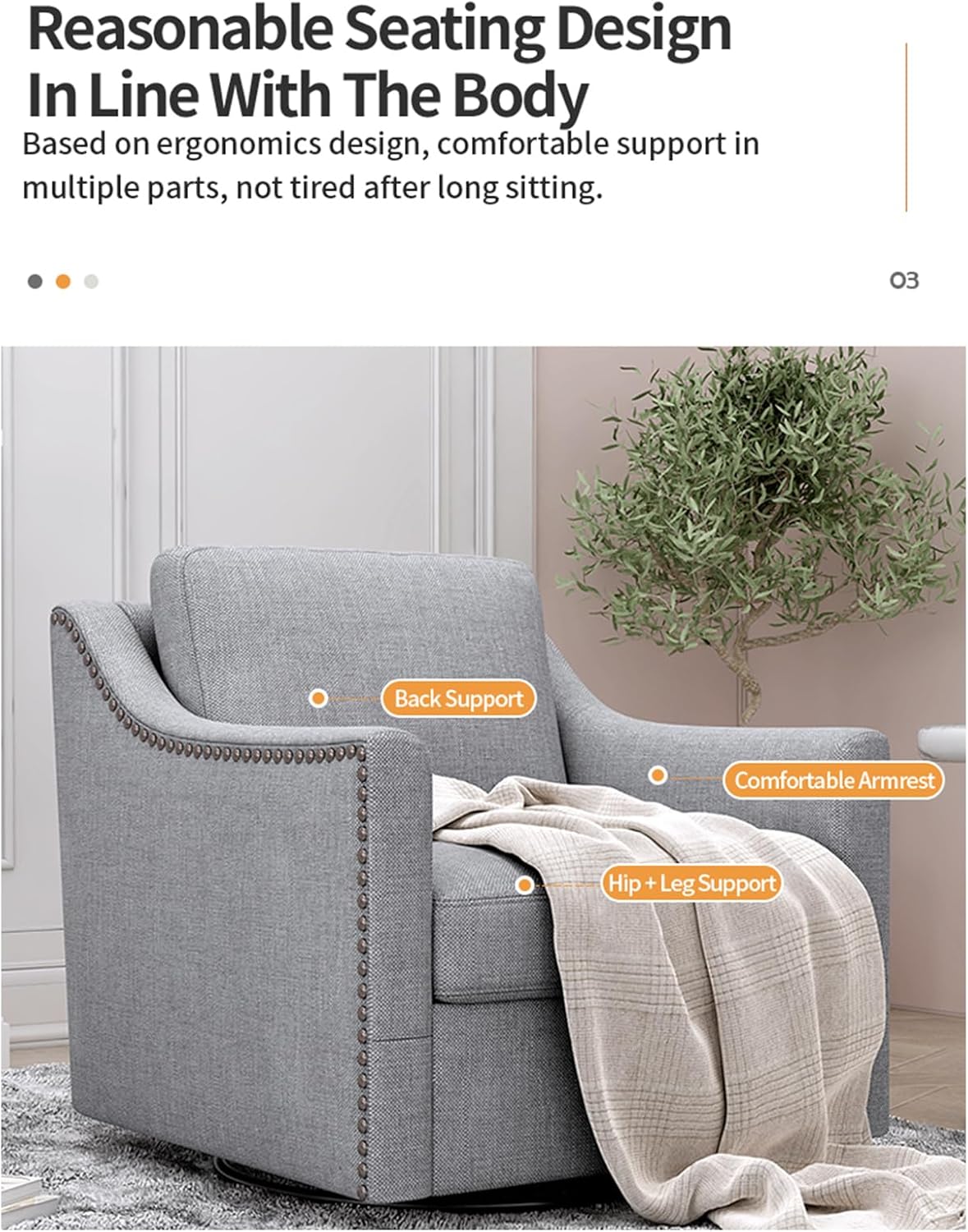 360 Degree Swivel Armchair Cotton Linen Fabric Ergonomic Design Brass Nail Decorative Armchair Living Room Chairs Bedroom Chairs (Gray)