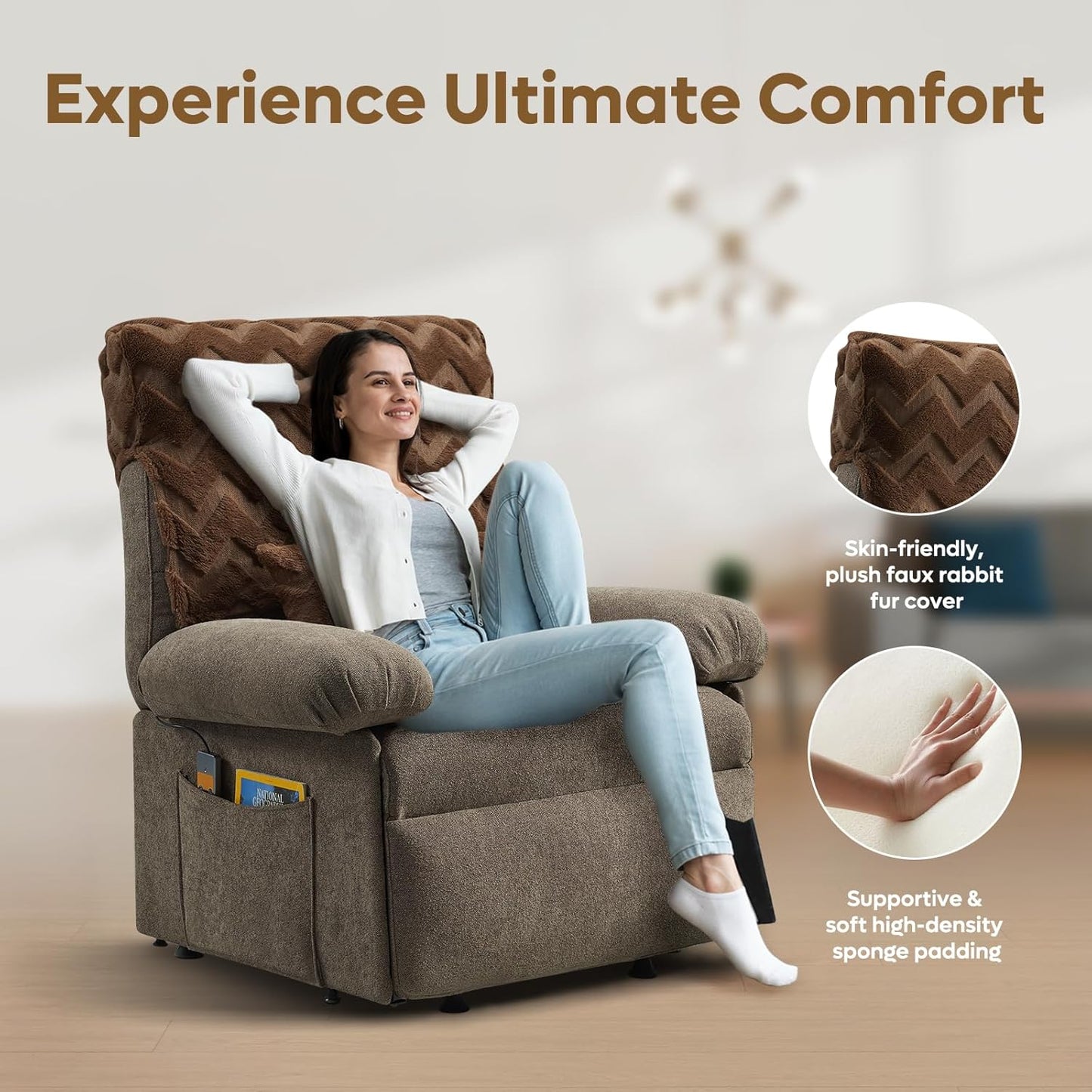 Bestier Triple Motor Power Lift Recliner Chair for Elderly Small with Removable Cover, Lumbar Pillow and Side Pocket, Infinite Positioning for Living Room, Bedroom, Brown