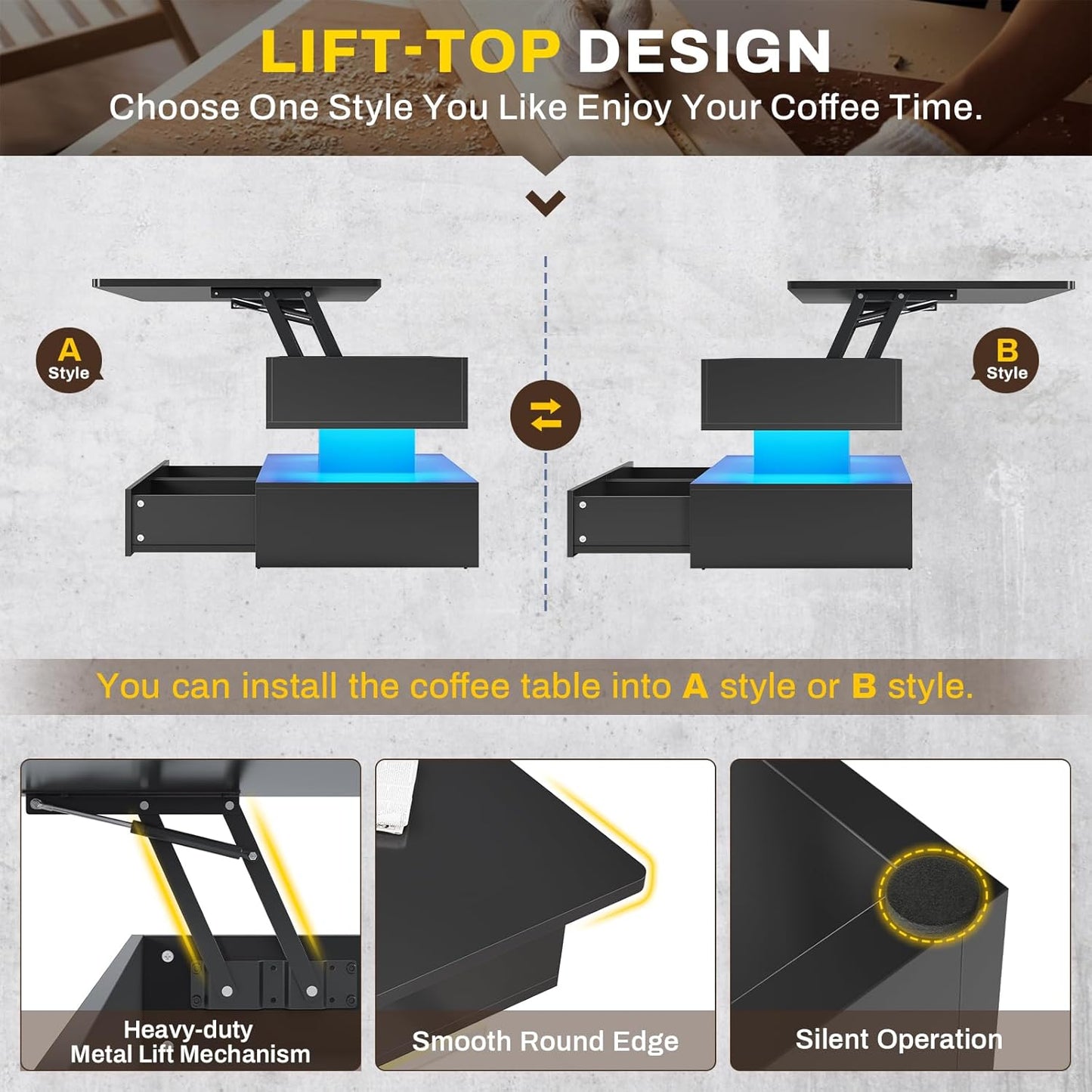 SEDETA 40" Lift Top Coffee Table, Coffee Tables with Storage for Living Room, Small Coffee Table with 2 Drawers & LED Light for Dining Reception Room, Black