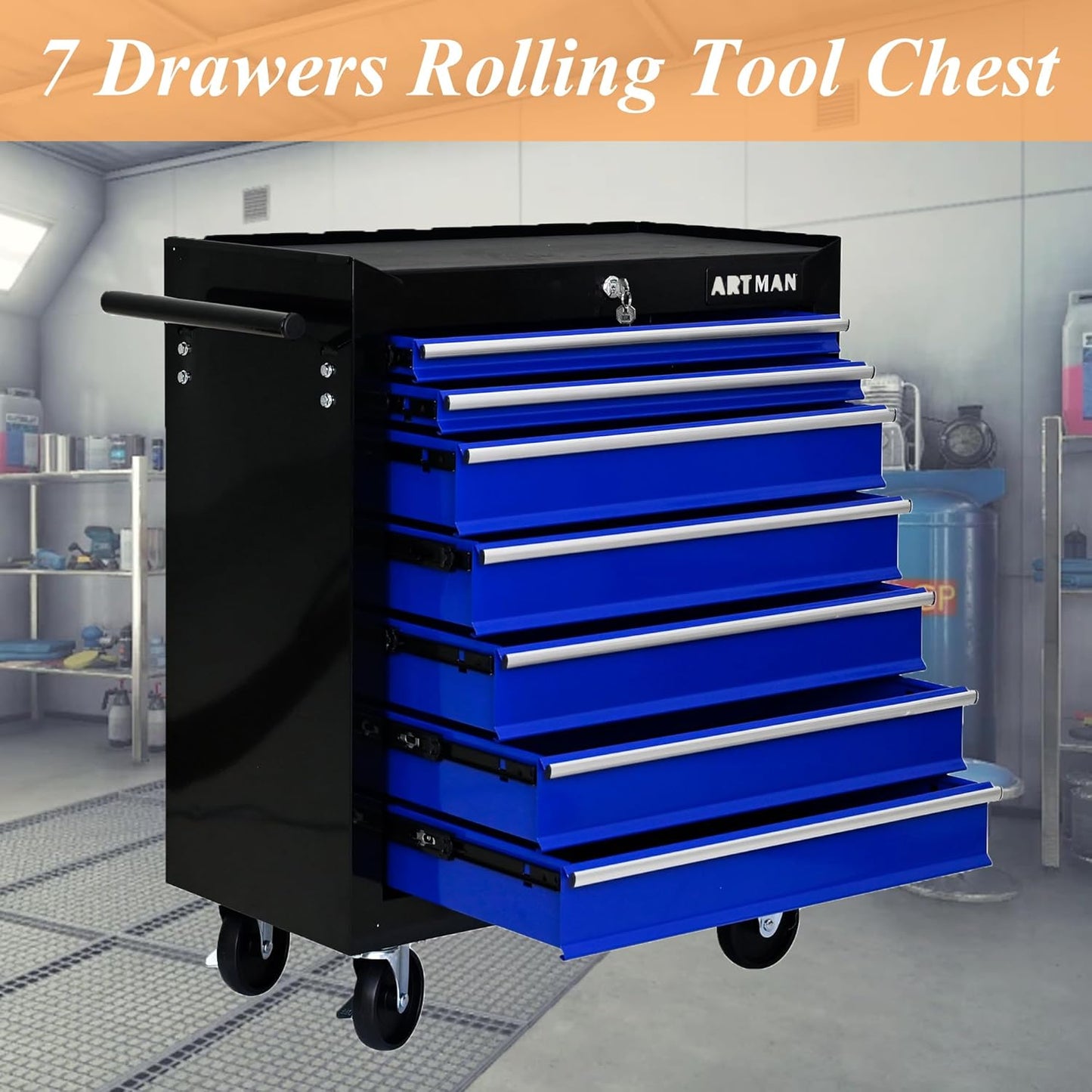 7-Drawer Metal Rolling Tool Chest with Wheels,Tool Storage Cabinet with Locking System,Multifunctional Tool Cart with Wheels for Garage, Warehouse, Workshop, Repair Shop (Black+Blue)