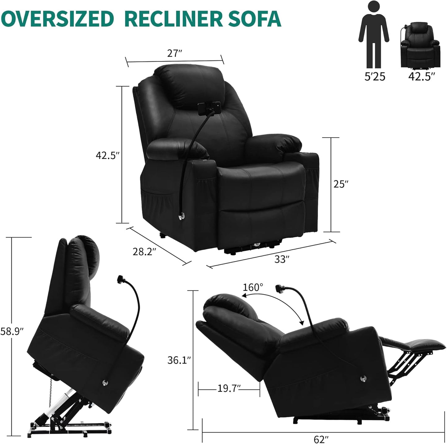 YITAHOME Electric Power Lift Recliner Chair: Recliner Chair with Phone Stand, Massage Function, Ideal for Living Room, Home Theater, Equipped with Cup Holders, LED Lights, Heated Function Black