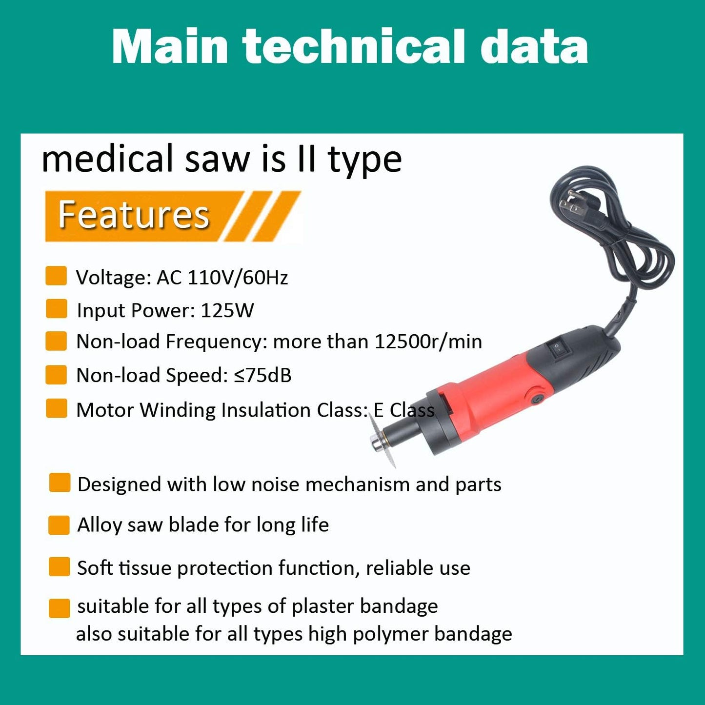 Cast Removal Saw, Orthopedic Cast Cutter, Medical Electric Plaster Cutting Saw Oscillating Speed Adjustable for Tearing Polymeric Materials 110V 12500rpm/min (  ）