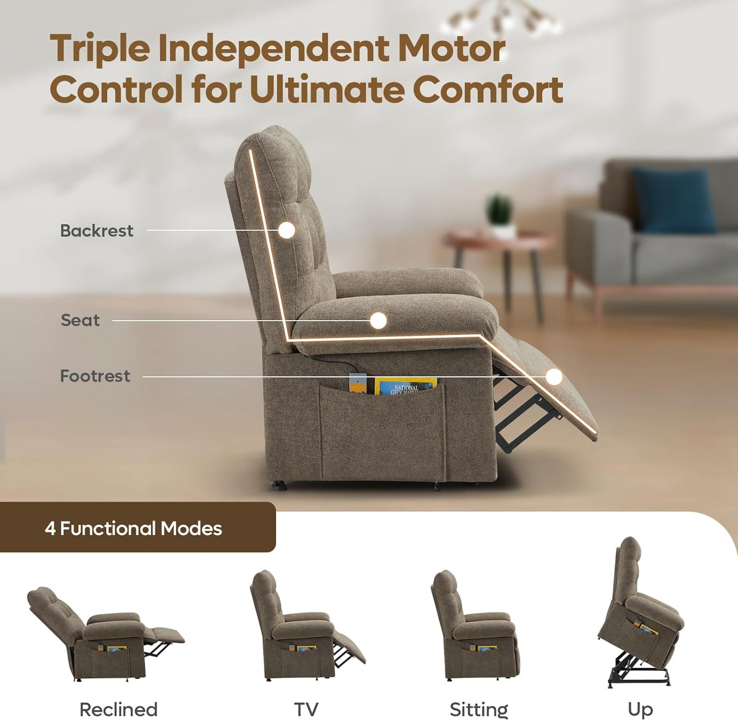 Bestier Triple Motor Power Lift Recliner Chair for Elderly Small with Removable Cover, Lumbar Pillow and Side Pocket, Infinite Positioning for Living Room, Bedroom, Brown