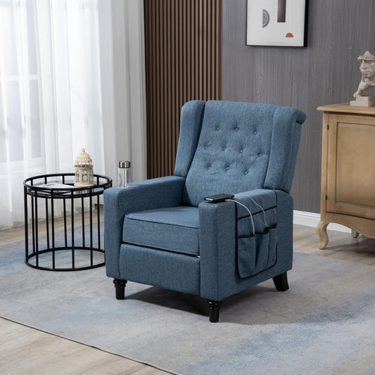 Arm Pushing Recliner Modern Button Tufted Wingback Push Back Recliner Living Room Chair Fabric Pushback Manual Single Reclining Sofa Home Theater Seating for Bedroom (Navy Blue)