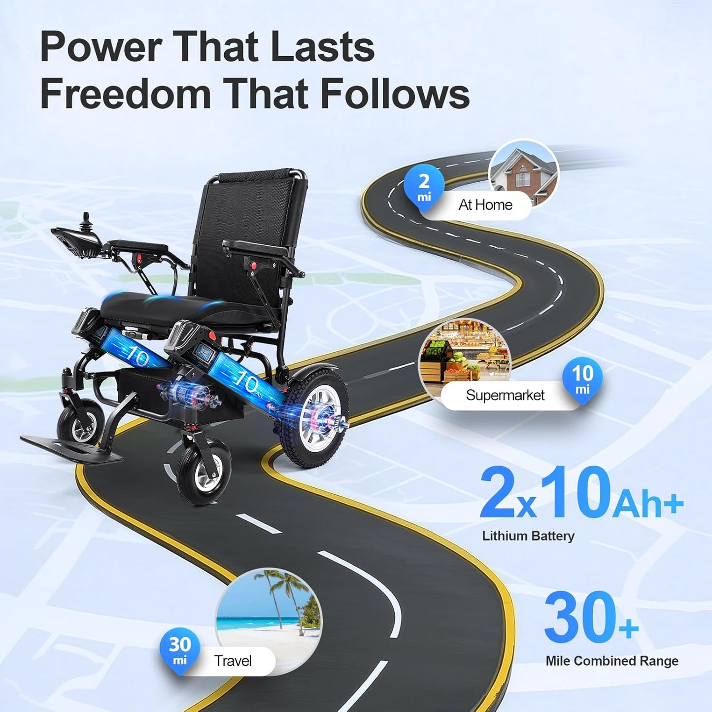 30 Miles Long Range Electric Wheelchair for Adults, Foldable Motorized Wheelchair with 2 Removable 10Ah Batteries, All Terrain Portable Power Wheelchairs for Senior, Airline Approved, Black