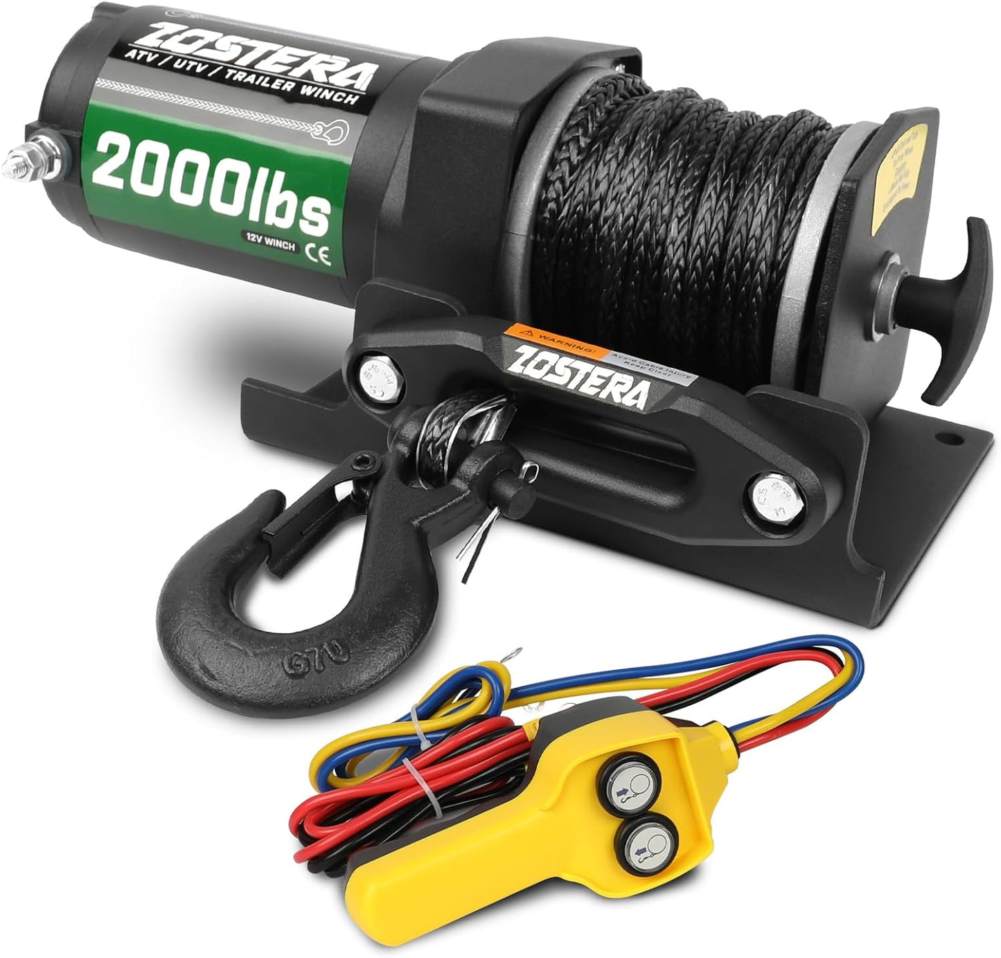 2000lb Winch for ATV, with Steel Cable,ATV Winch with Wired Manual Remote Control Switch,IP65 Waterproof,with Mounting Plate,with Roller Fairlead&Hook