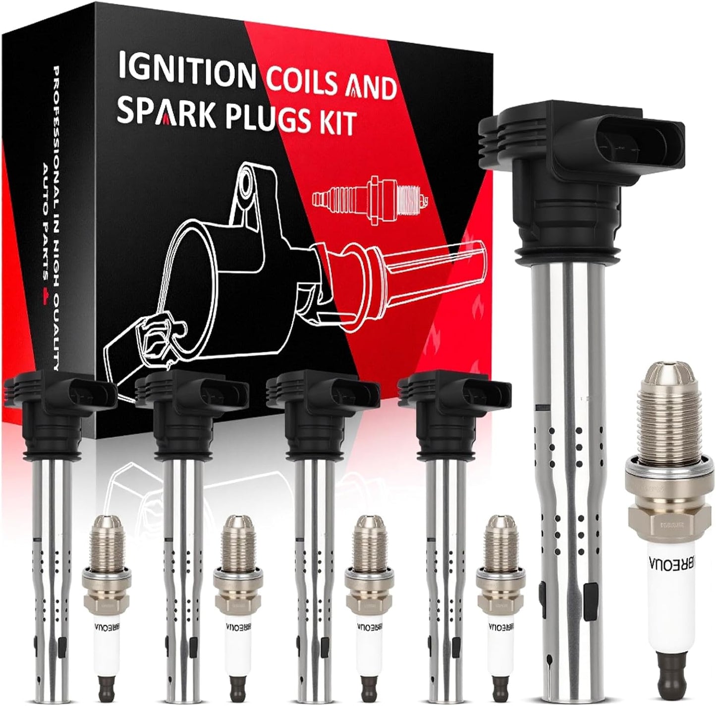 SCITOO ignition coils 4+Spark Plugs 4 4pcs Replacement for P-assat 1.8L 2001-2005,for J-etta 1.8L 2001 2002 2003 2004 2005,for A-udi A4 1.8L 2001-2007 Replace UF411 UF-437, UF-580, CO044