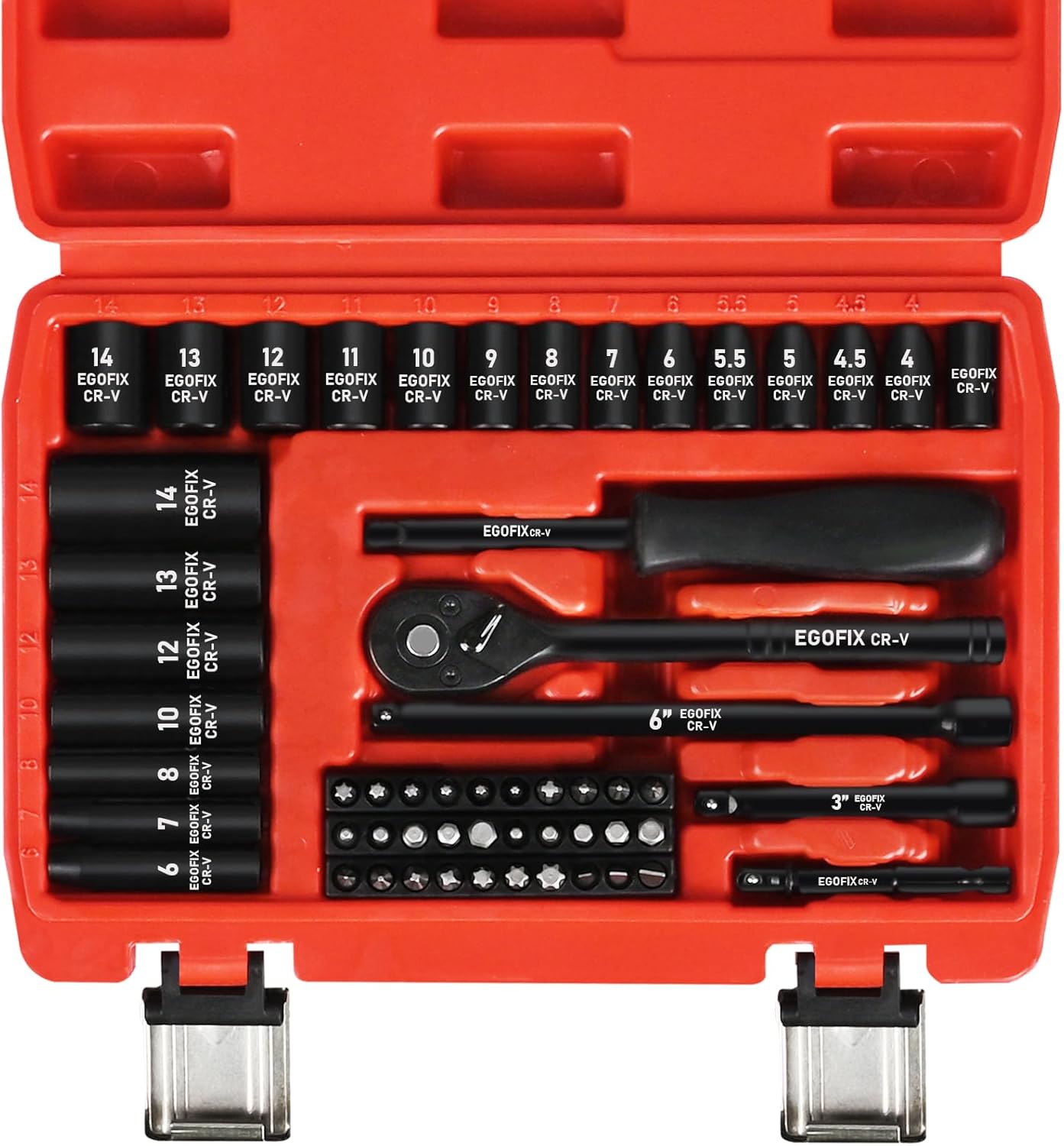 3/8" Drive Impact Socket Set, 50 Piece Standard SAE (5/16 to 3/4 inch) and Metric (8-22mm) 6 Point, with Adjustable Ratchet Handle, Extension Bars, Impact Universal Joint, Adapter, Cr-V Steel