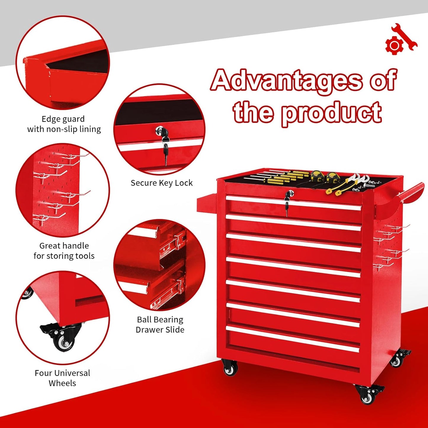 7-Drawer Tool Chest, Roling Tool Box with Wheels & Drawers & Lock, Toolbox Organizer Storage for Garage/Workshop/Home, Suitable for Moving/Gift/Daily Use