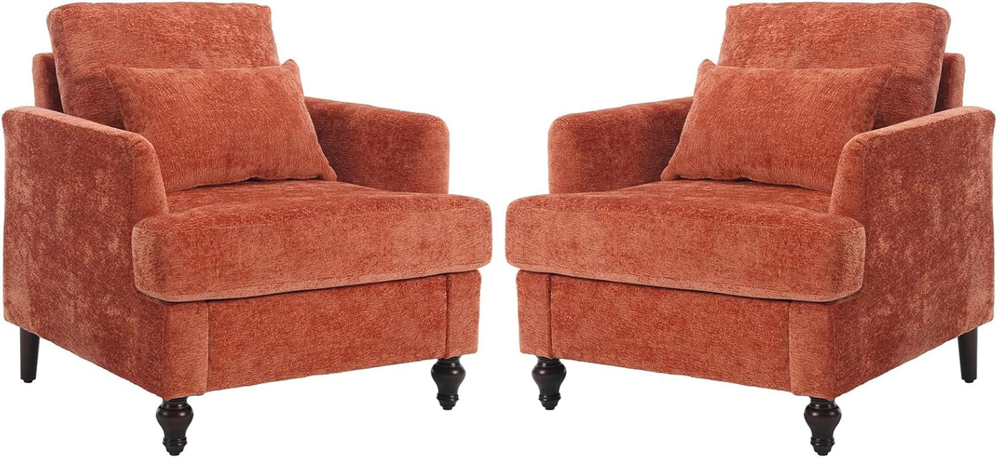 Chenille Accent Chair Set of 2, Mid-Century Modern Living Room Chair Wood Frame Armchair with Pillow Comfy Lounge Chair for Club Bedroom Office, White
