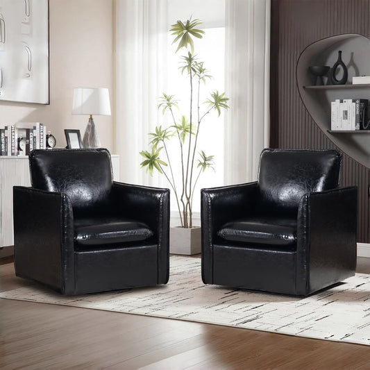 Swivel Accent Chair Set of 2, Leather Upholstered Arm Chair with Back Pillow Mid Century Modern Barrel Chairs for Living Room, Bedroom, Corner, Club (Black)