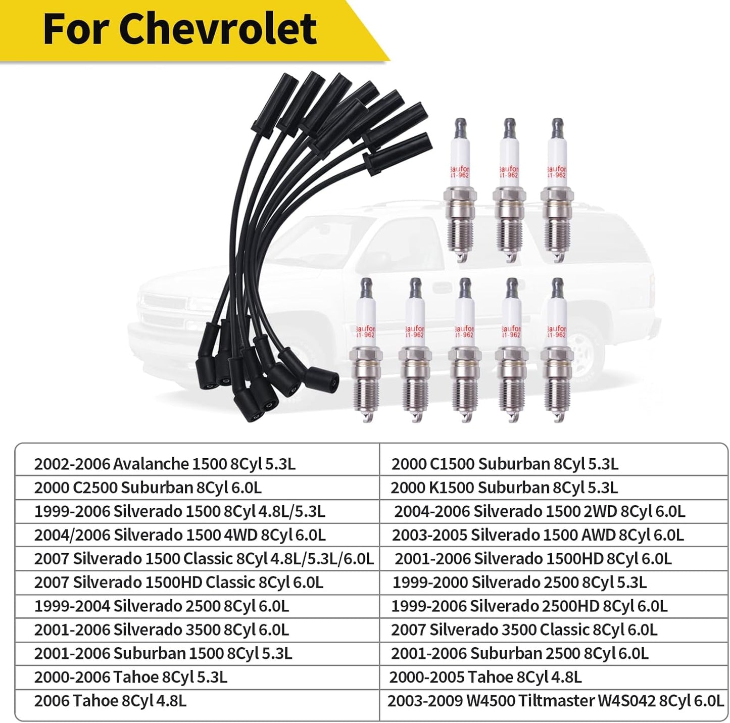 Upgraded 41-962 Spark Plugs Wires Set for 1999-2012 Chevy Silverado Tahoe Suburban, Yukon Sierra, Escalade Spark Plugs and Wires Tune up Kit; Motor 4.8 5.3 6.0 - Pack of 16