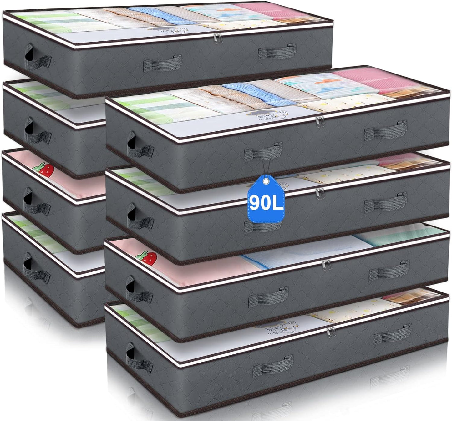 Budding Joy 90L Under Bed Storage Containers, Closet Organizers and Storage Bins, Foldable Underbed Storage Bags for Blanket, Clothing, Comforter, Sweaters, Pillows, Linen Sheets, Wrapping Paper, Grey