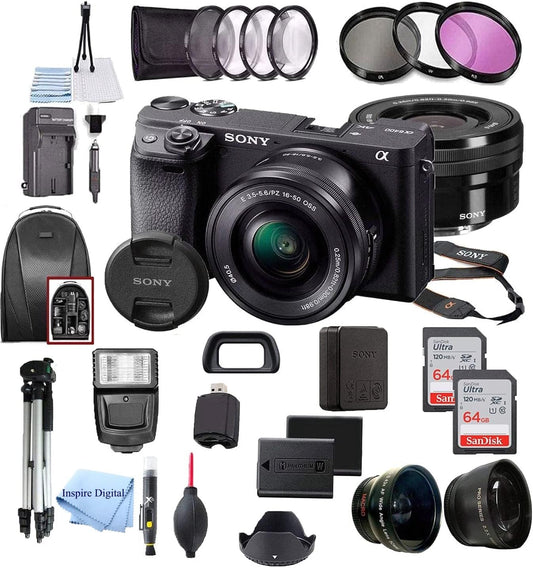 Alpha a6400 Mirrorless Digital Camera 24.2MP Sensor with 16-50mm Lens, 2 Pack SanDisk 64GB Memory Card, Backpack, Full Size Tripod & Inspire Digital Cloth Accessory Bundle (Black) (Renewed)