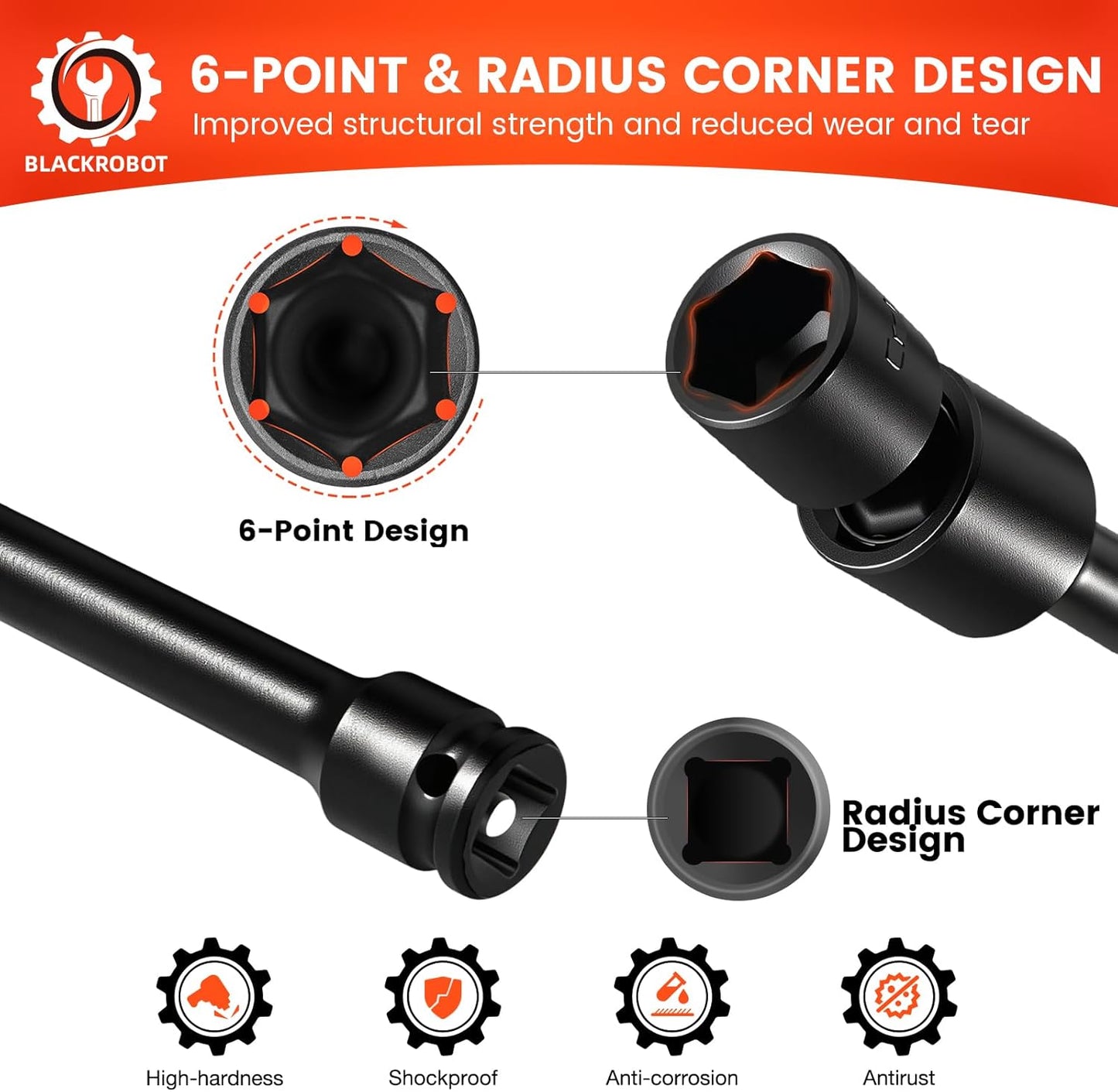BLACKROBOT 10-Inch 3/8" Drive Impact Swivel Extension Socket Set - Pinless Universal Joint, Metric Size (10-19mm), 6-Point, Cr-Mo Steel