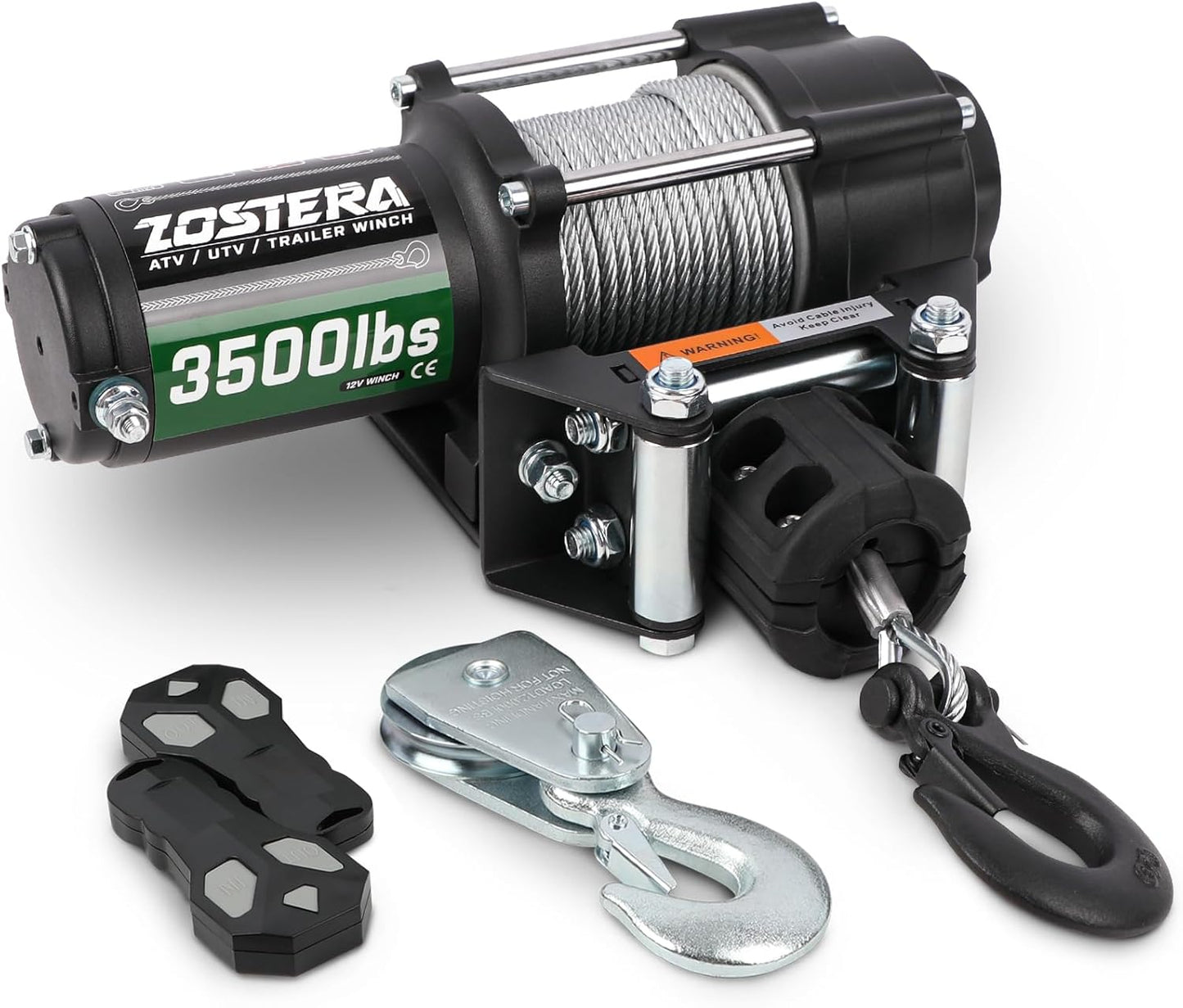 2000lb Winch for ATV, with Steel Cable,ATV Winch with Wired Manual Remote Control Switch,IP65 Waterproof,with Mounting Plate,with Roller Fairlead&Hook