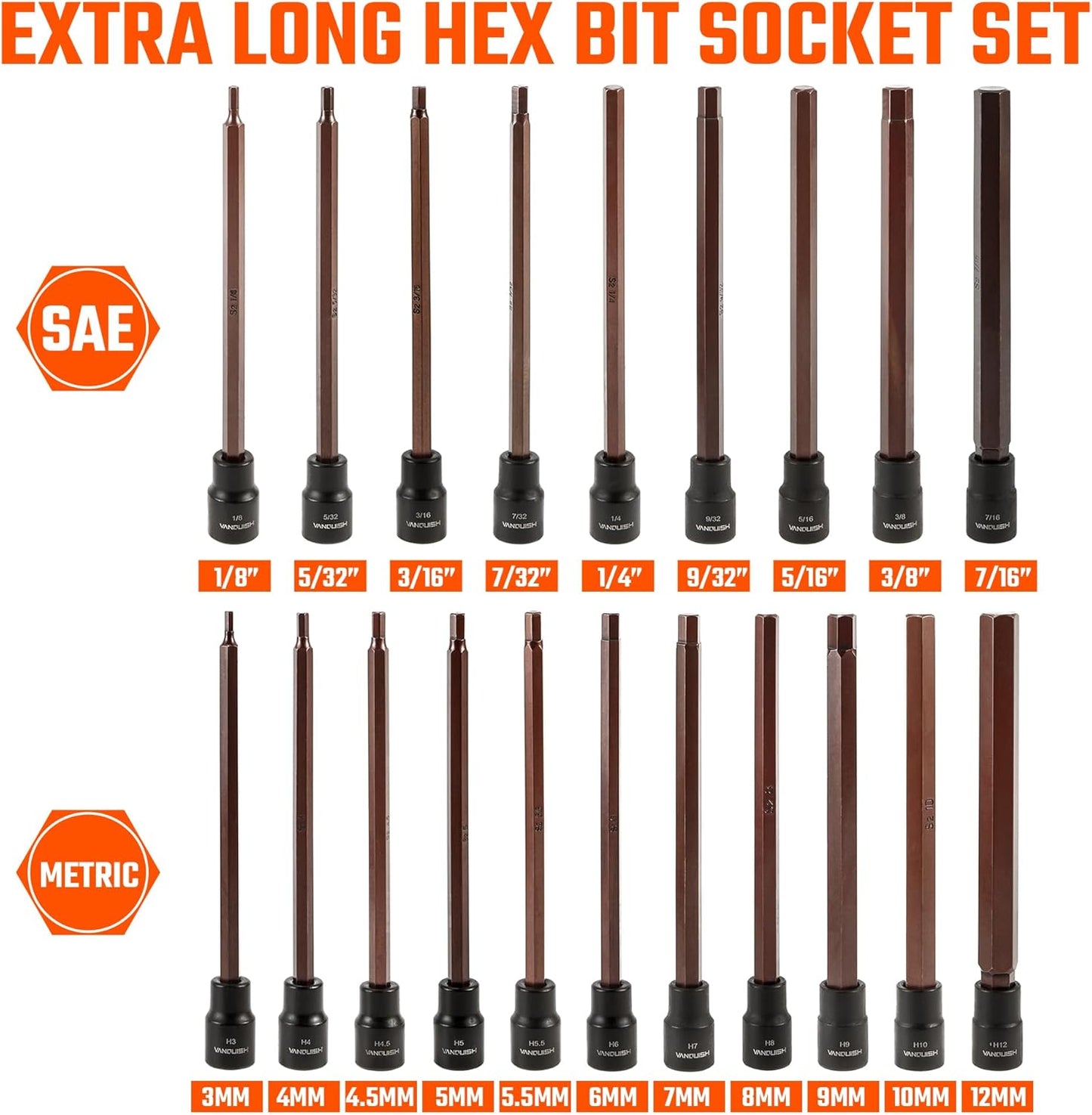 VANQUISH 20-Piece Extra Long Hex Bit Socket Set, 3/8 Inch Drive Allen Socket Set, Metric 3-12mm | SAE 1/8-Inch - 7/16-Inch 8998
