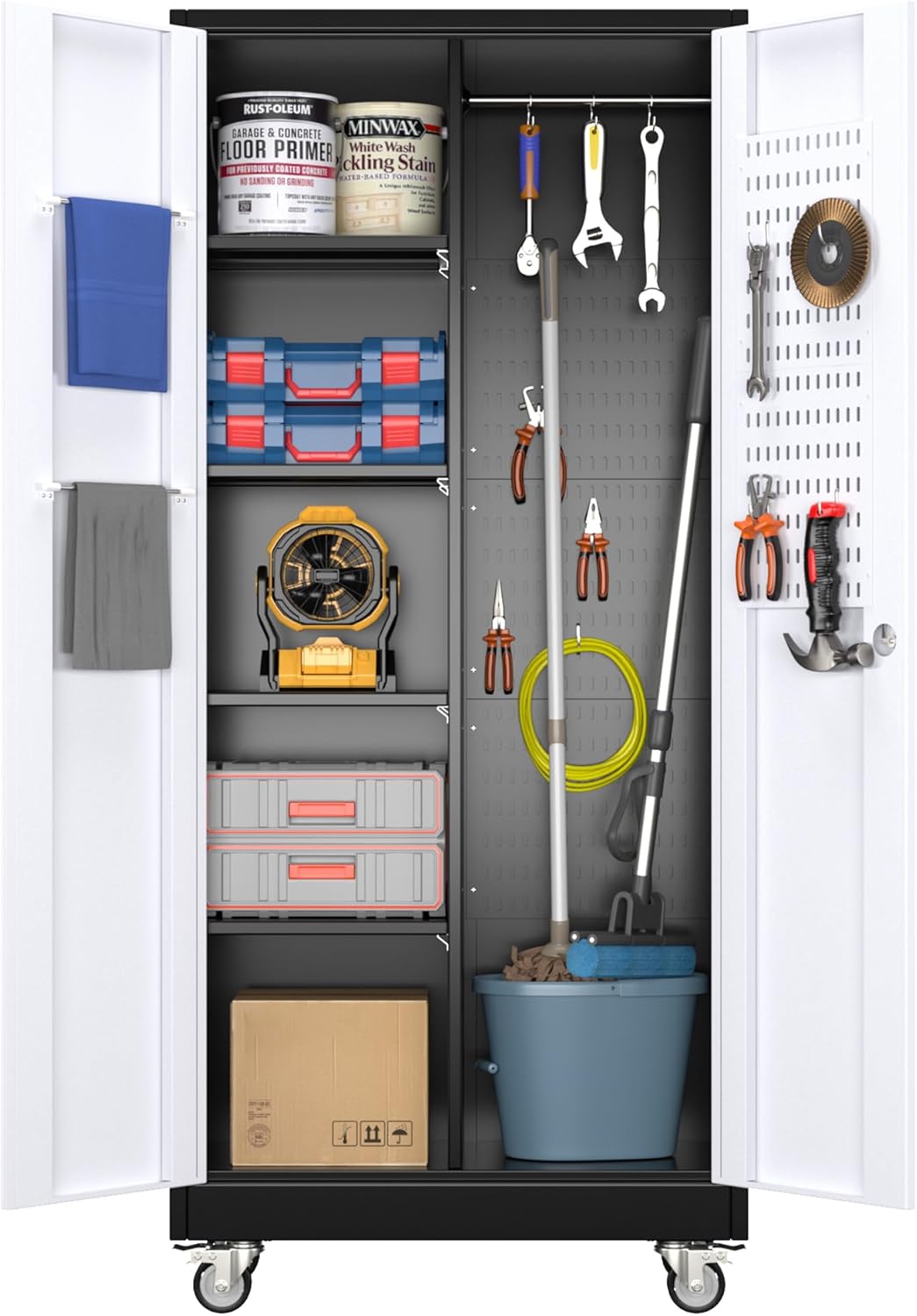 71" H Broom Storage Cabinet with Wheels and Doors,Rolling Tool Cabinet with Pegboard,Shelves and Rod for Garage Warehouse Home,Required Assembly,Black
