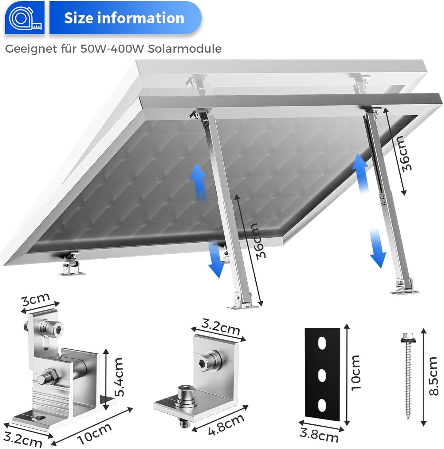 2 Set Adjustable Solar Panel Tilt Mount Brackets Aluminum Alloy Mounting Bracket Stand Systems Support 50W 70W 100W 150W 200W 300W 400W Panels for Roof/Boat/Flat Surface