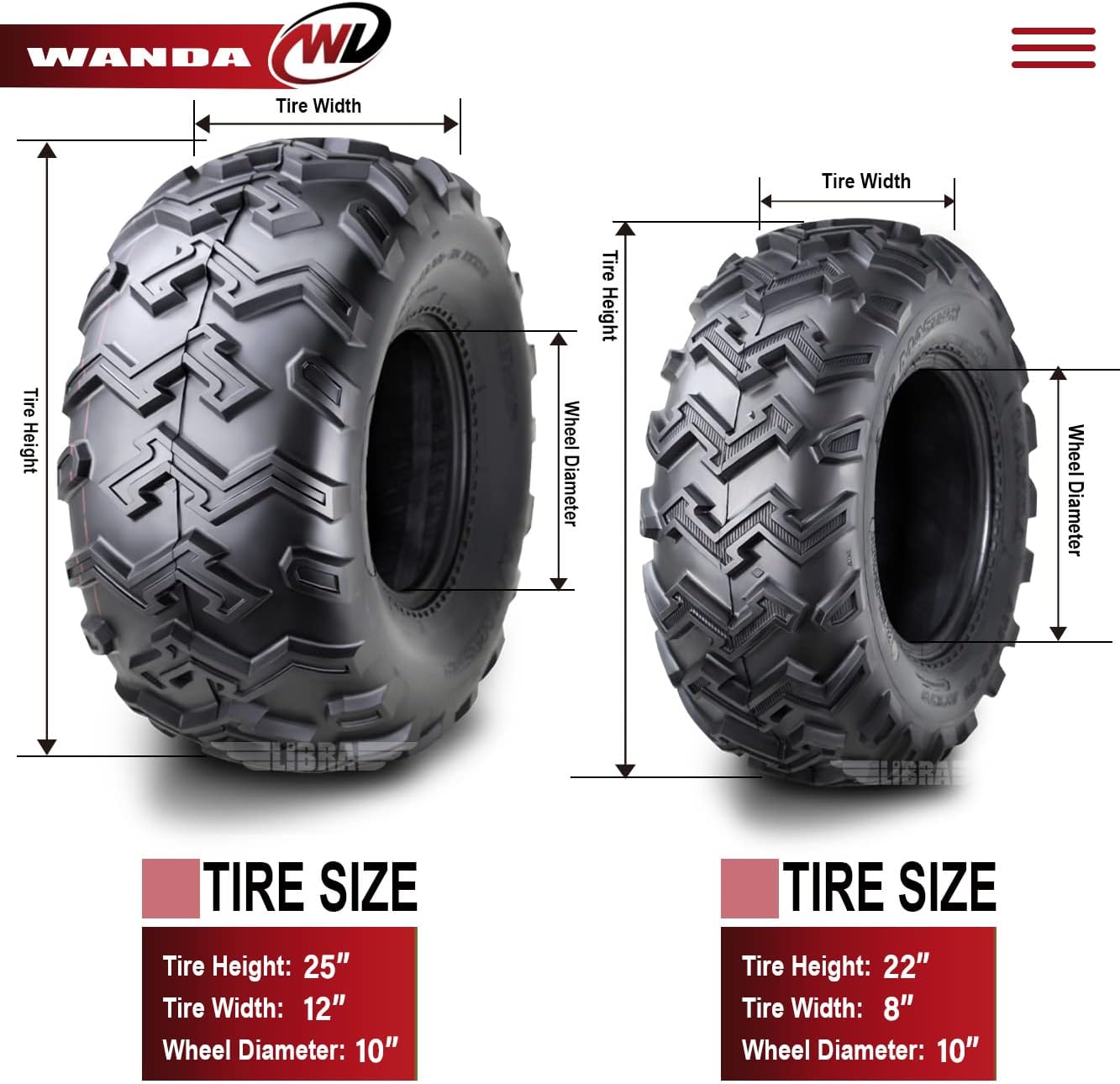 WANDA Set of 4 ATV UTV Tires 22x8-10 Front & 25x12-10 Rear 6PR
