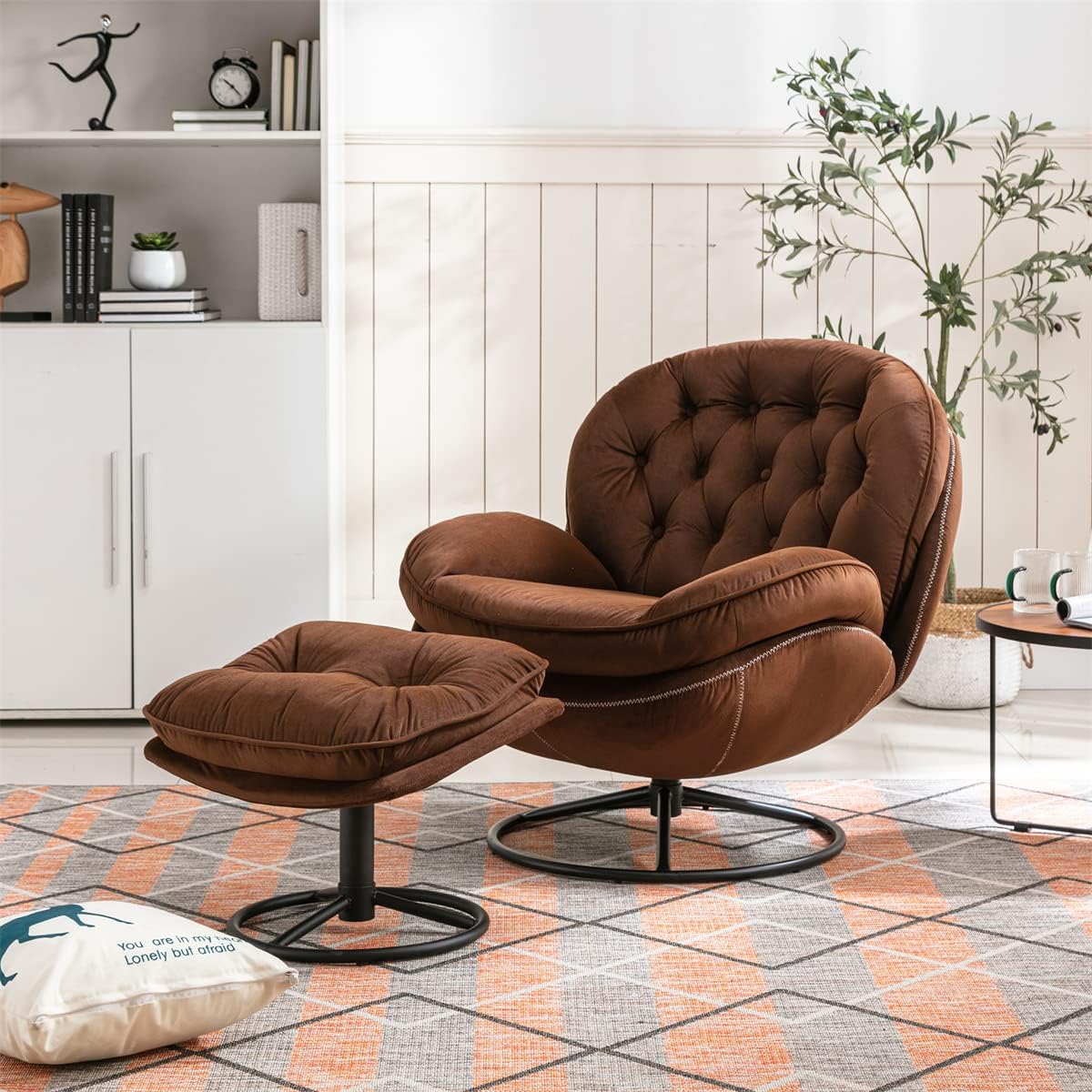 TRIPLE TREE Modern Swivel Accent Chair, Mid-Century Lounge Chair and Ottoman Set, Velvet Upholstered Button Tufted Recliner Chair, Reading Chair with Footrest for Living Room Indoor Bedroom, Black