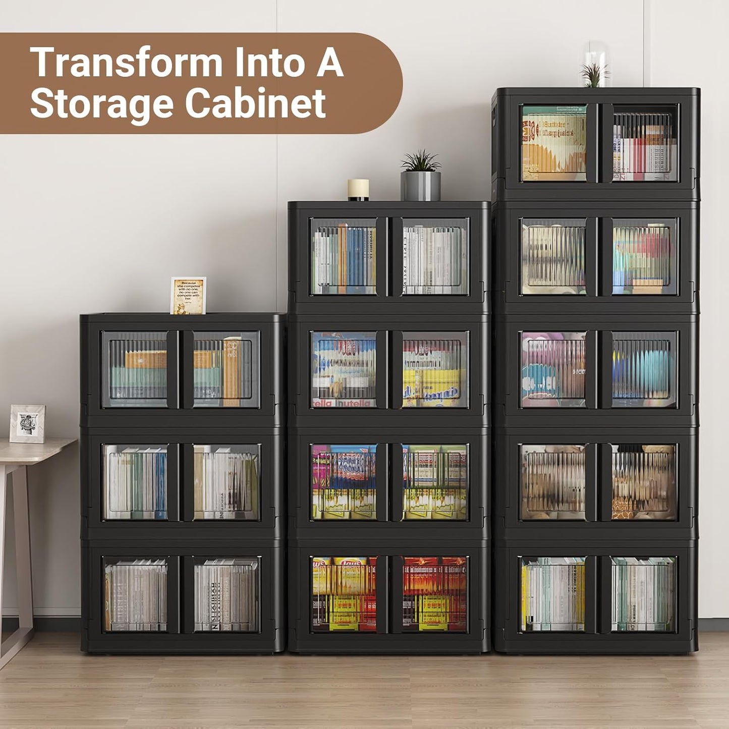 100QT Stackable Storage Bins With Lids, 25Gal Plastic Boxes With Wheels and Doors, Heavy-Duty Folding Closet Organizers, Cabinet for Closet Home Dorm, 1 Pack Black