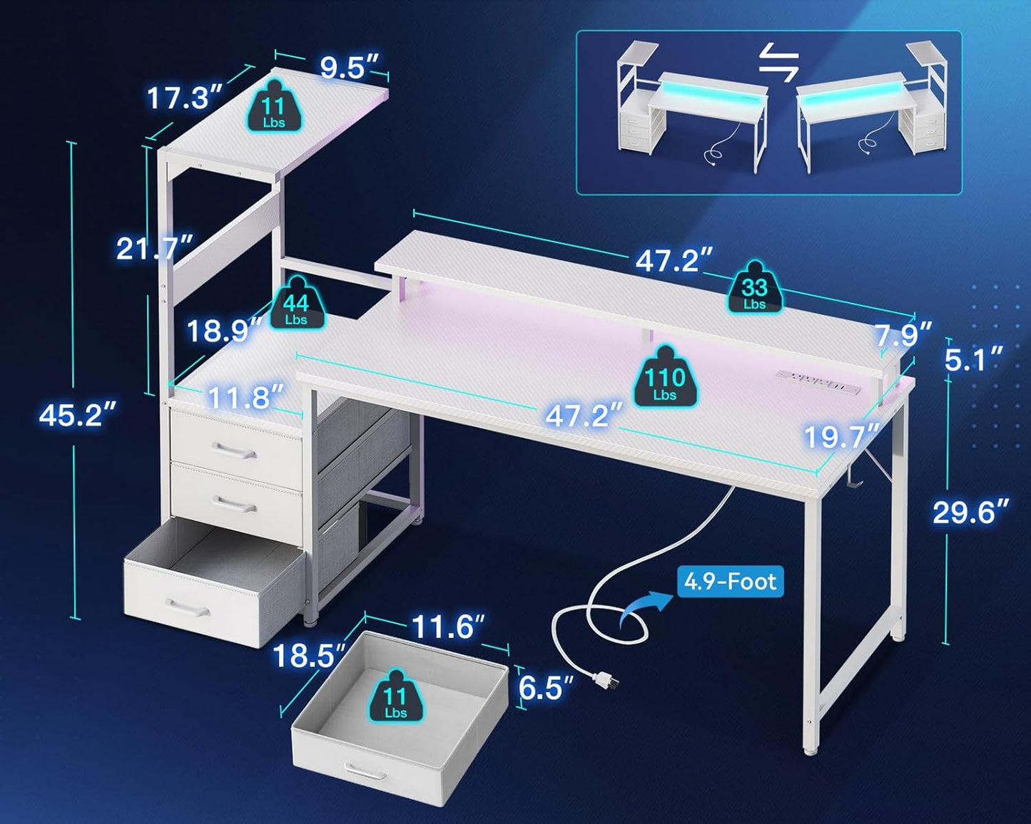 Casaottima 59 Inch Gaming Desk with USB Charging Ports & LED Light - Reversible Computer Desk with 3 Fabric Drawers, Monitor Stand, CPU Stand, and Side Hook, Modern Office Desk, White