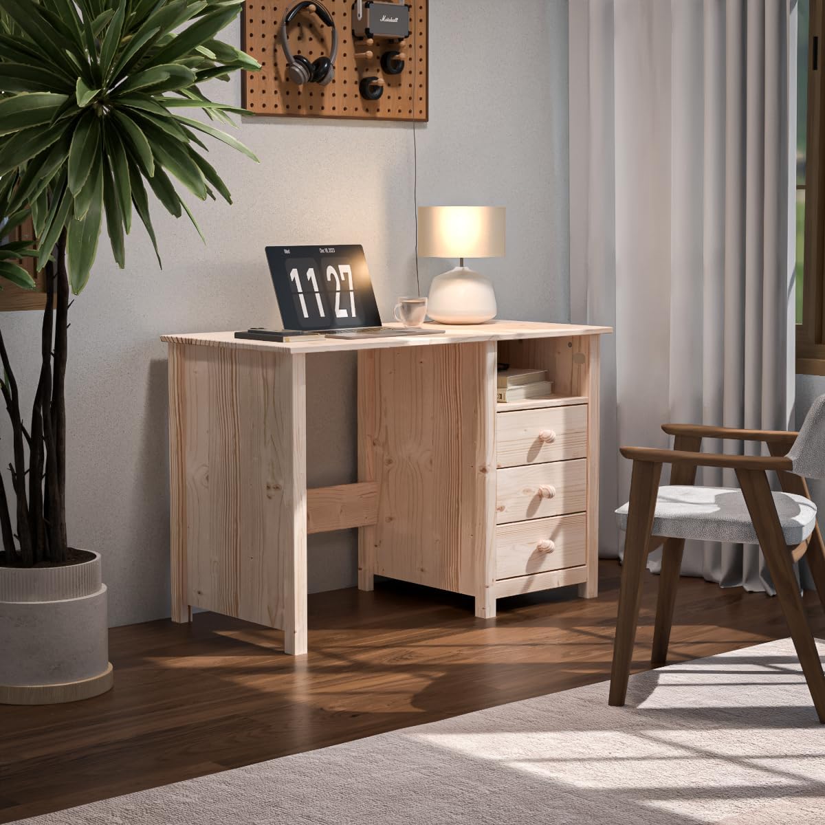 Compact Pine Desk with Drawers – Solid Wood Study Table for Kids and Adults