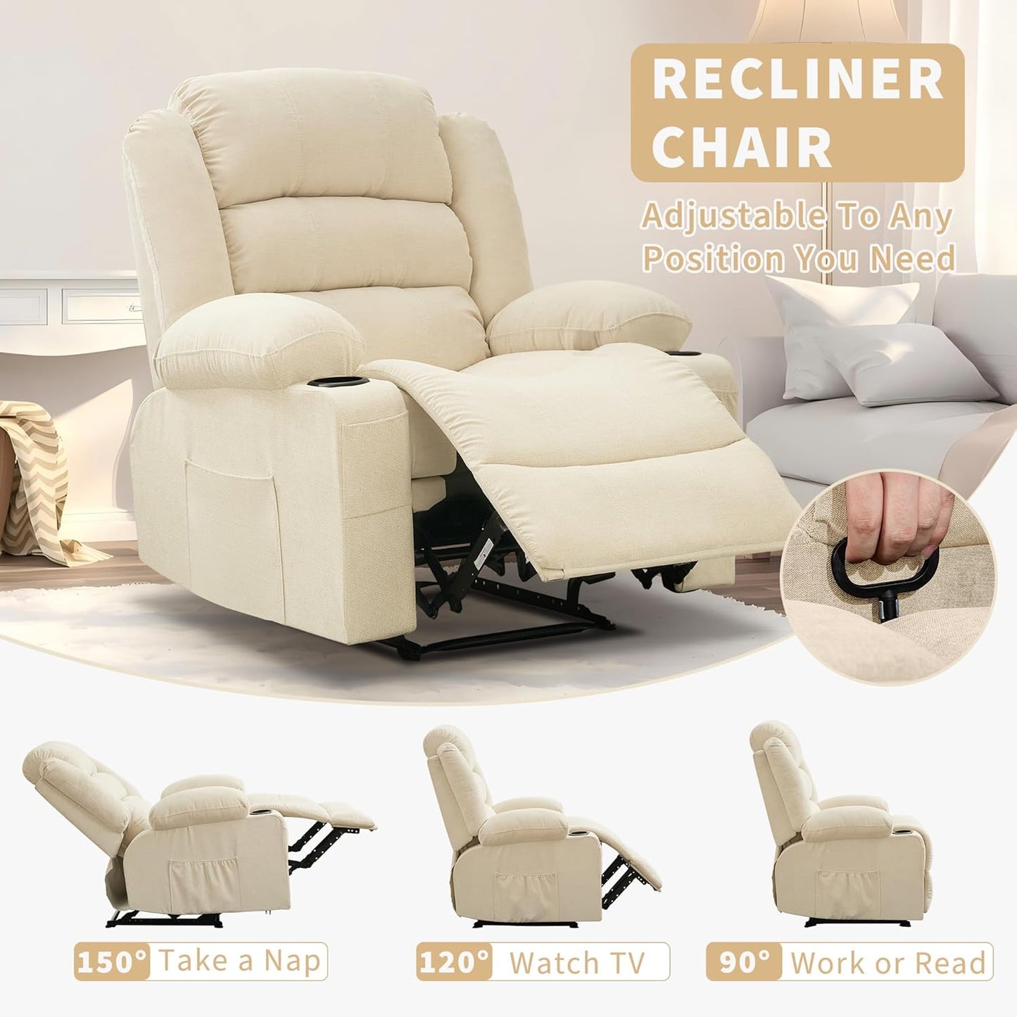 Wide Manual Recliner Chair for Adults – Widen Oversize Overstuffed Breathable Fabric Lounge Chair with 3 Angle Modes 2 Cup Holders Side Pockets