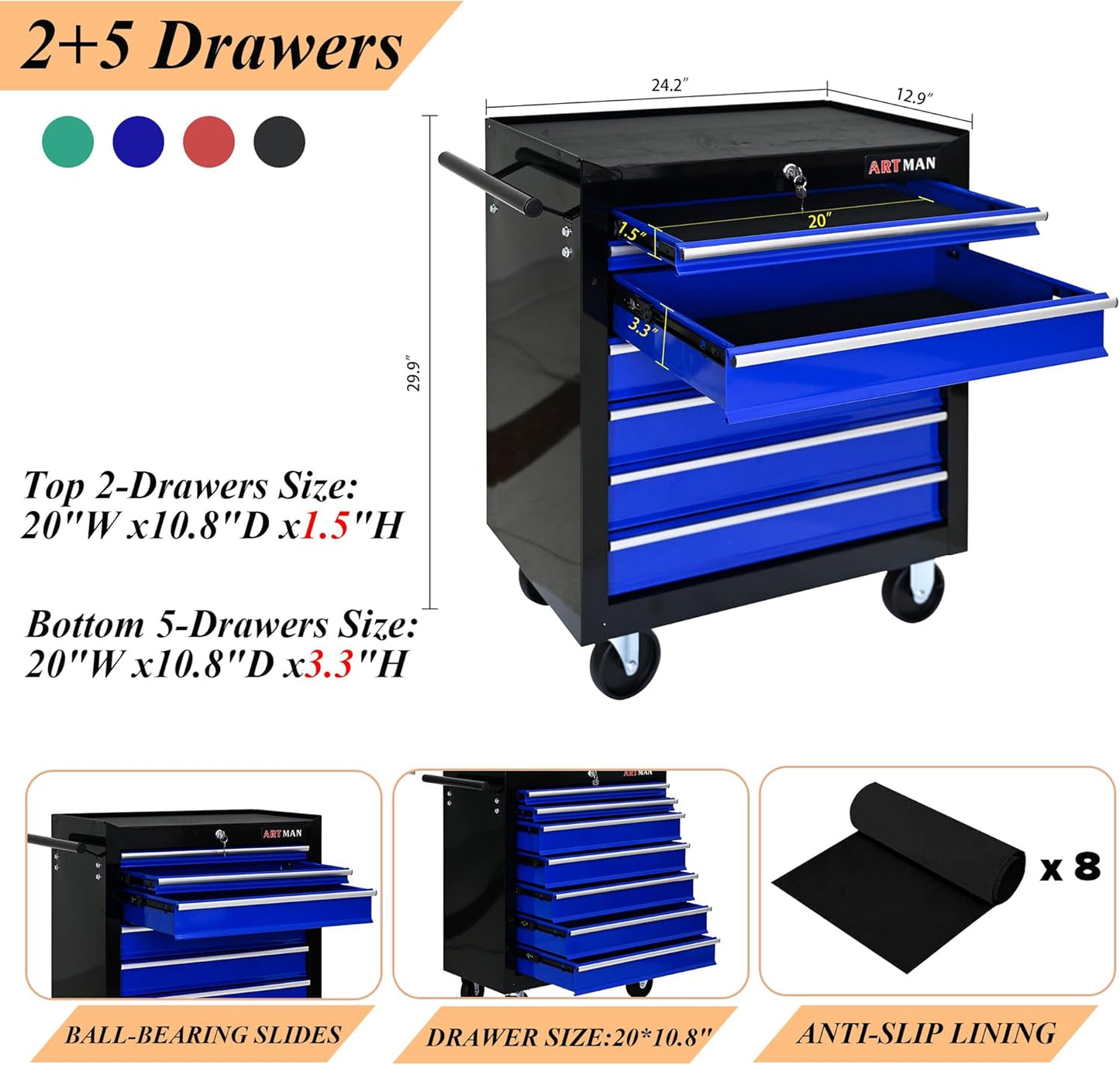 7-Drawer Metal Rolling Tool Chest with Wheels,Tool Storage Cabinet with Locking System,Multifunctional Tool Cart with Wheels for Garage, Warehouse, Workshop, Repair Shop (Black+Blue)