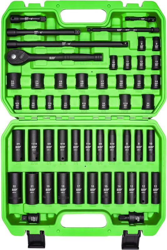 SUNHZMCKP 3/8" Drive Impact Socket Set, 52 Piece Standard SAE (5/16-3/4 inch) and Metric (8-22mm) Shallow & Deep Sockets, Adjustable Ratchet Handle, Extension Bars, Adapters, Universal Joint, CR-V