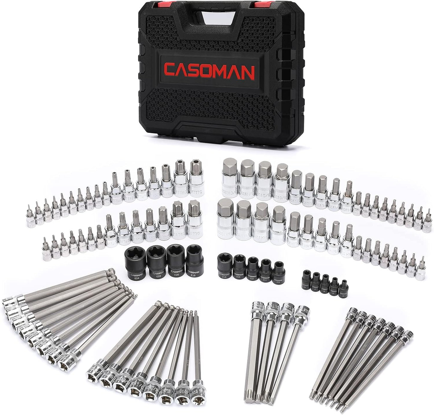 CASOMAN 107 Pieces Bit Socket Set, 1/4", 3/8" and 1/2" Drive, Torx/Tamper Proof Torx/Hex/Ball End Hex, SAE/Metric, S2 Steel Bits