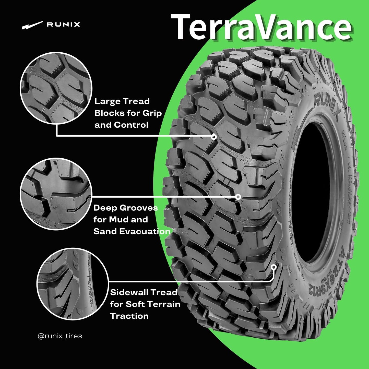 RUNIX ATV UTV Radial Tires, RUNIX TerraVance, 27X9R14 Front, 27X11R14 Rare, Set of 4, Radial Tire, All Terrain, 6PR, Tubeless