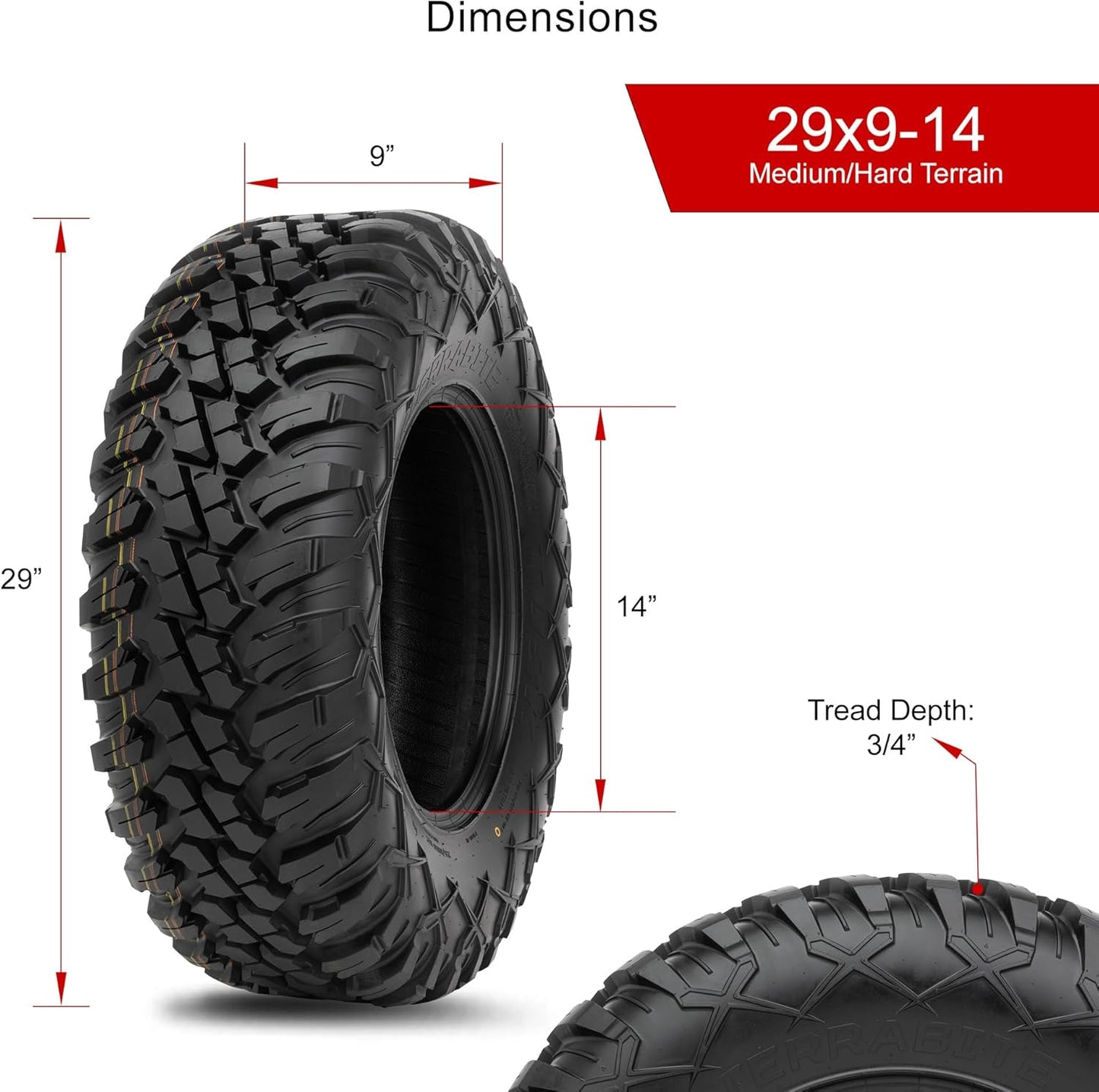 Tusk Terrabite Set of 4 UTV/ATV Tires – 29x9-14 Front & 29x11-14 Rear – 8-Ply Rated Radial Construction, ¾″ Deep Tread, Medium-Hard Terrain, High Load Capacity, Heavy Duty Sidewall Tread Armor