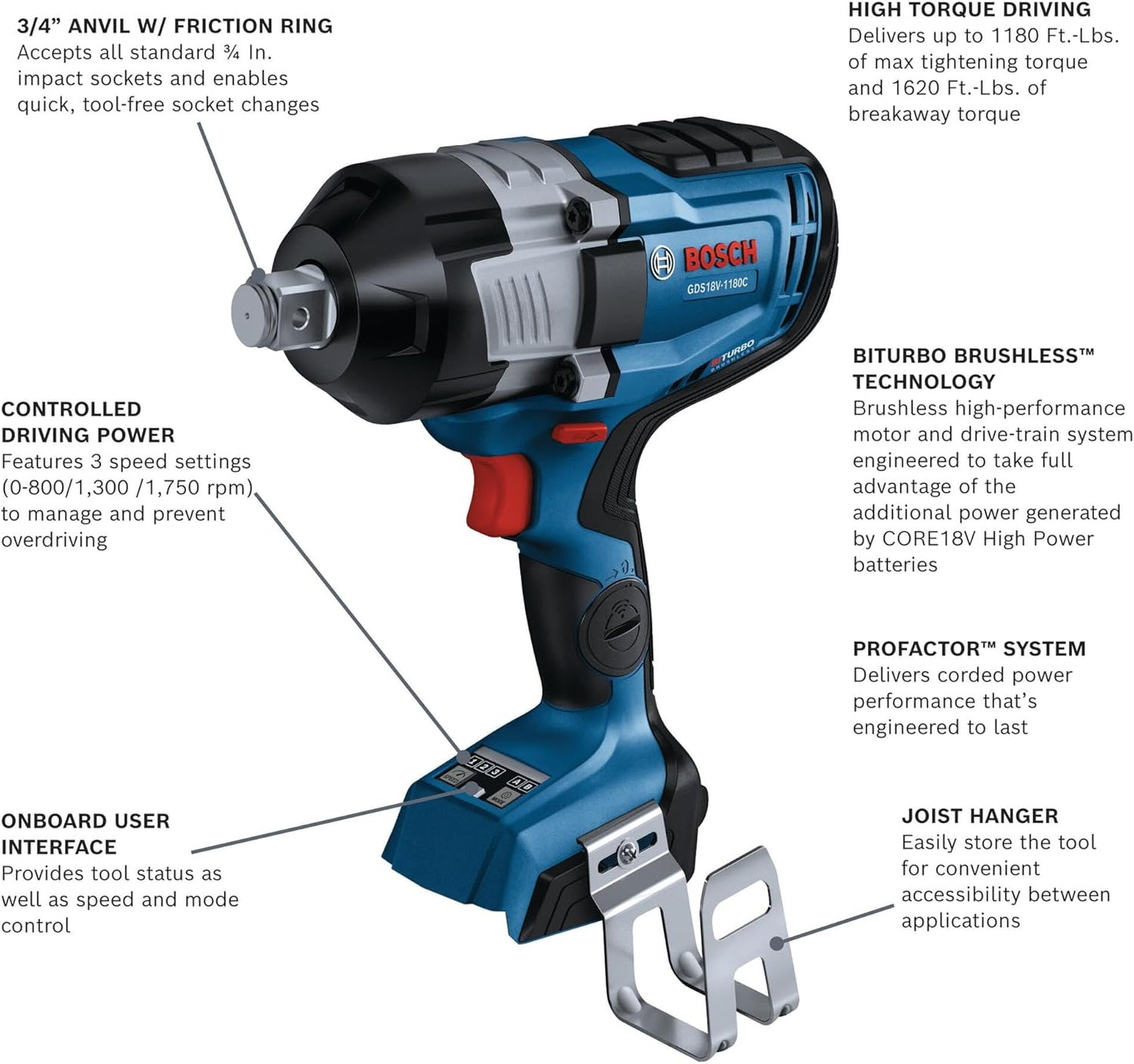 BOSCH GDS18V-1180CN PROFACTOR 18V Connected-Ready 3/4 In. Impact Wrench with Friction Ring and Thru-Hole (Bare Tool)