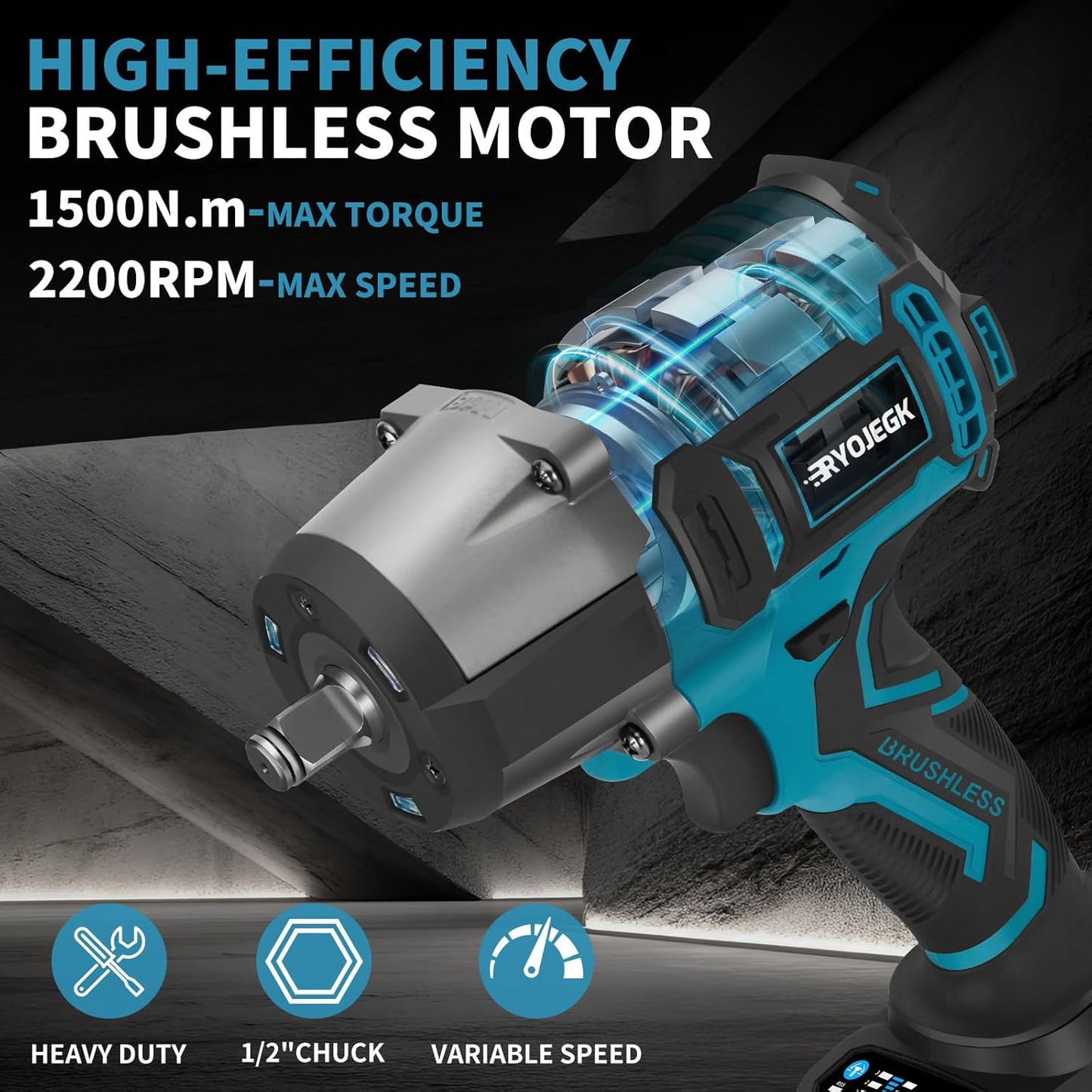 1500N.m Impact Wrench,1107Ft-lbs 1/2" Cordless Impact Gun,High Torque Brushless Power Impact Driver 3-Mode Speed with 2×4.0Ah Battery,Pistola de Impacto Set for Car Tire Truck RV Mower