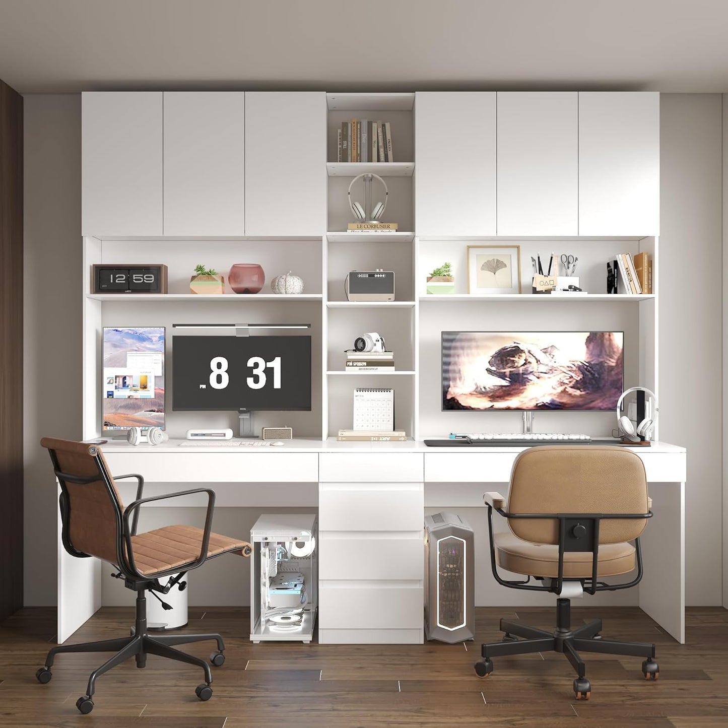 WOODTIME Large Two Person Computer Desk with Bookshelf, Study Writing Gaming Table Workstation with 6 Drawers & 15 Shelves for Home Office, White