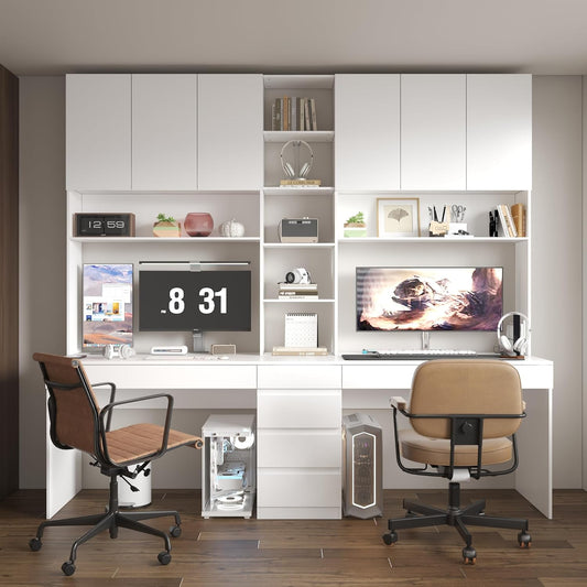 WOODTIME Large Two Person Computer Desk with Bookshelf, Study Writing Gaming Table Workstation with 6 Drawers & 15 Shelves for Home Office, White