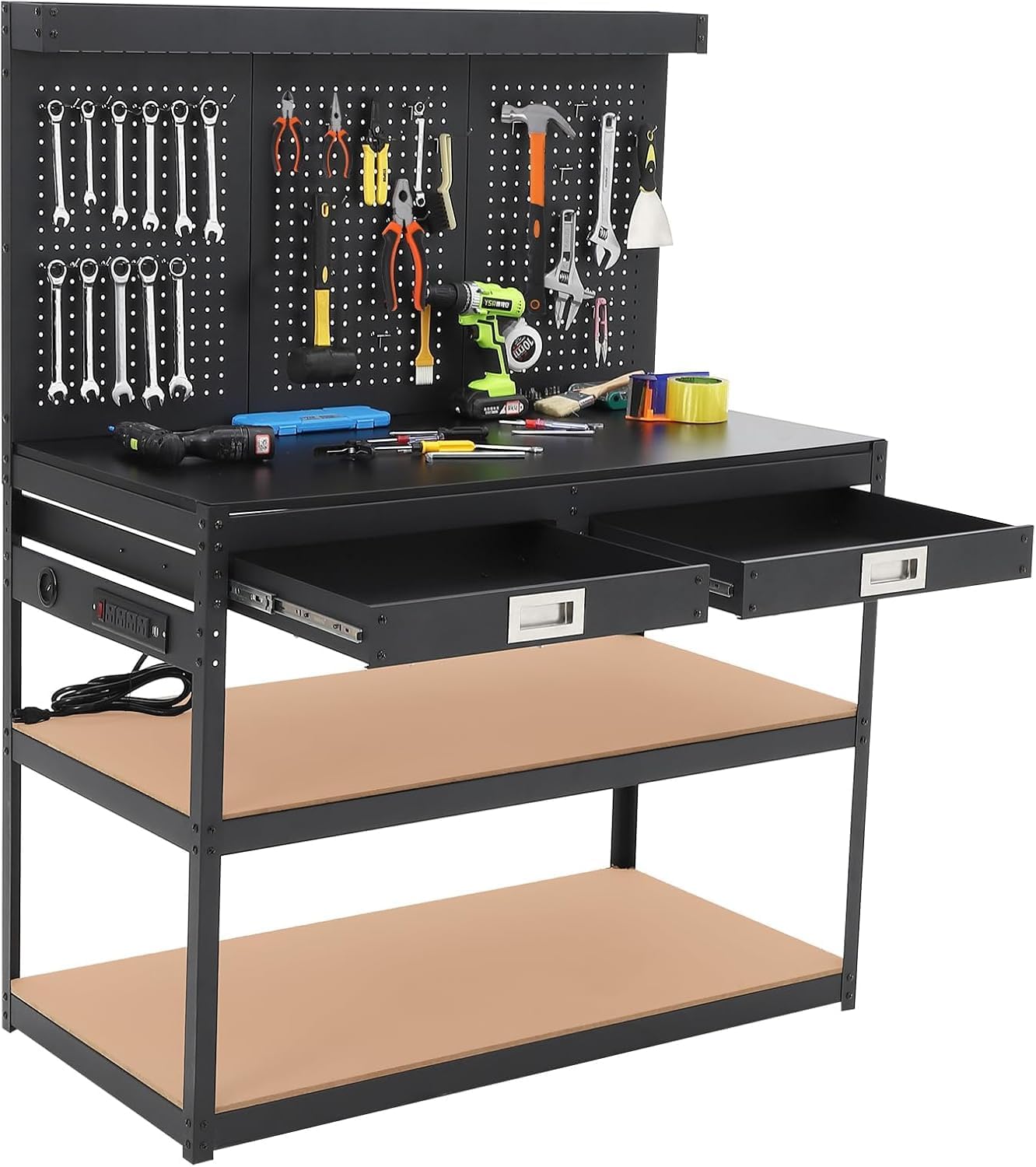 Workbench 60" x 22" Adjustable Height Worktable, Heavy Duty Rubber Wood Top, 2000 LBS Load Capacity, Tool Storage Workstation with Drawer, Pegboard, Power Outlets & Lockable Wheels, with Drawer Back