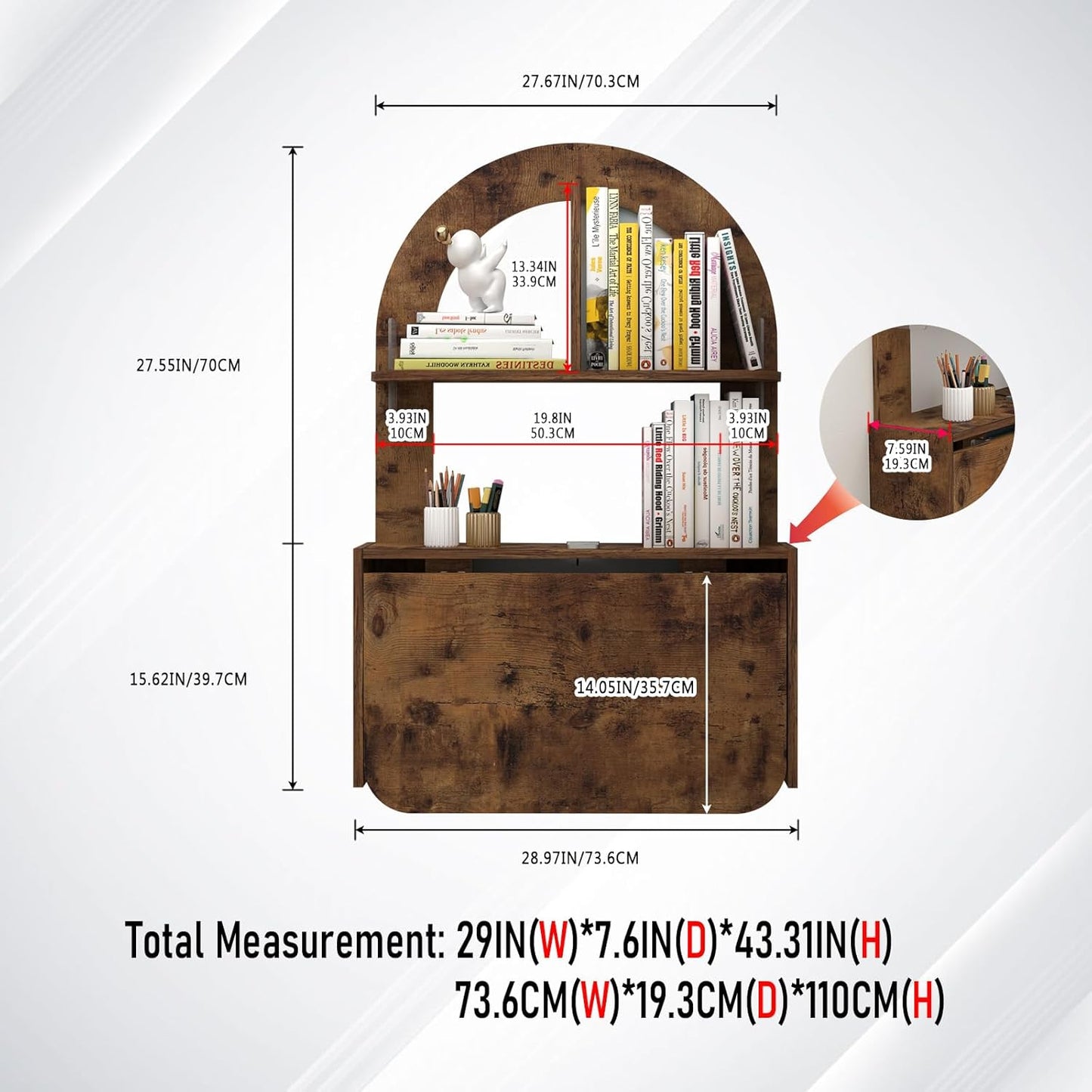 Wall Mounted Drop-Leaf Table, Floating Laptop Desk, Folding Table with Shelves, Multifunctional Computer Workstation Storage Compartments in Home Office for Space Saving (Rustic Brown)