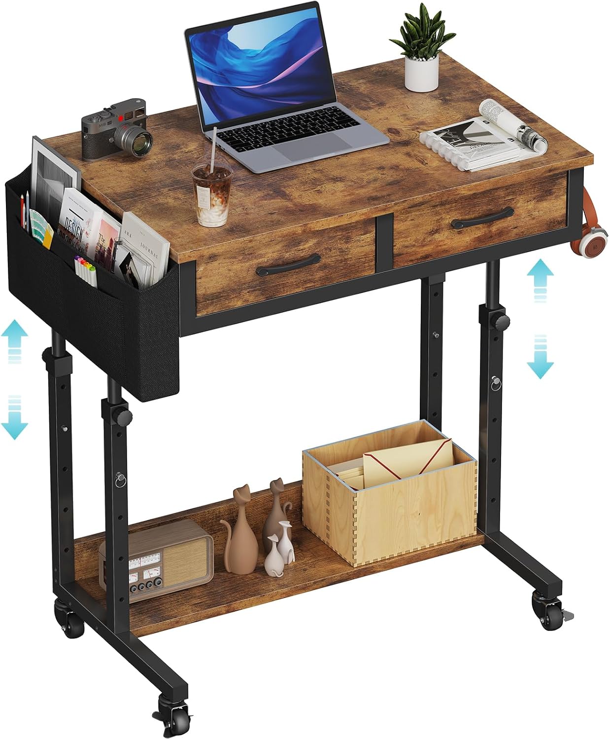 White Portable Rolling Computer Desk - 40 Inch Adjustable Mobile Standing Teacher Desks with 3 Fabric Drawers on Wheels, Couch Sofa Side Laptop Stand Up Table with Storage for Home Office, White