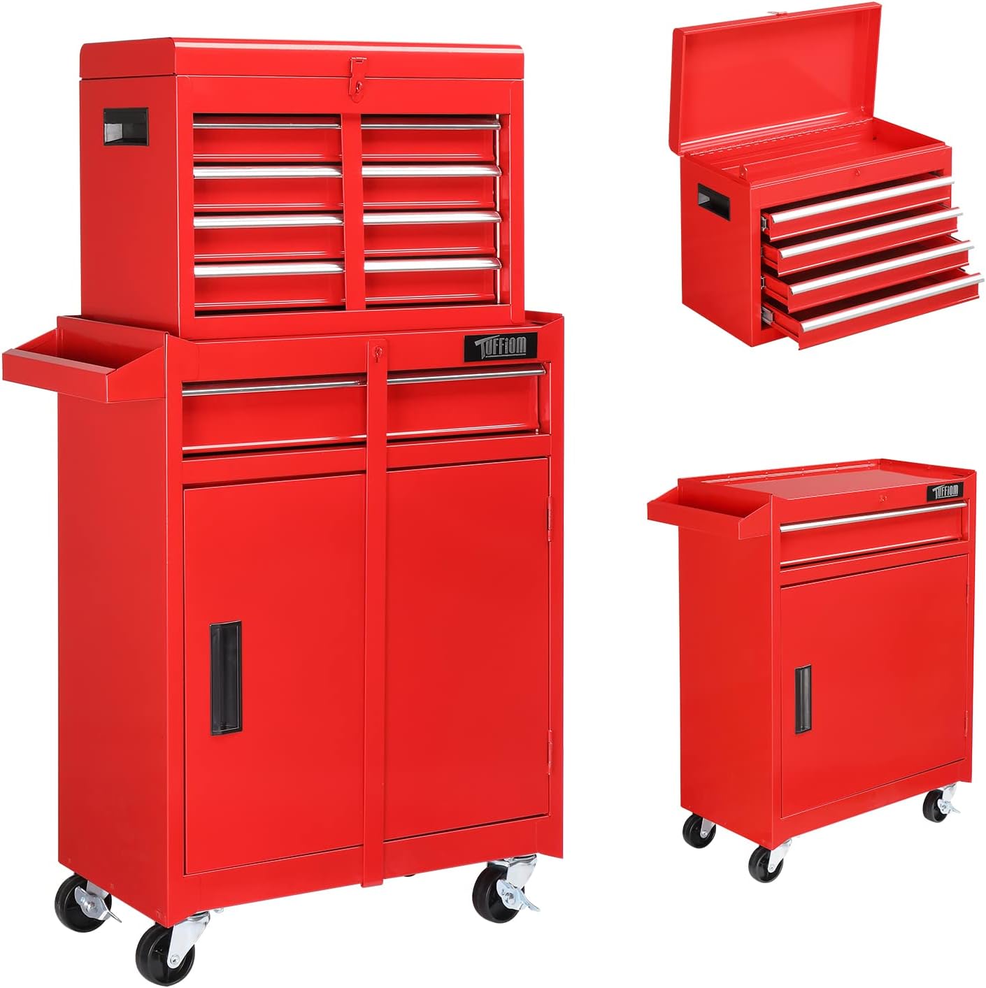TUFFIOM 8-Drawer Rolling Tool Chest, Tool Storage Cabinet w/Lockable Wheels, Detachable Top, Drawers & Side Hooks, Mechanic Tool Organizer Box for Garage Warehouse Repair Shop