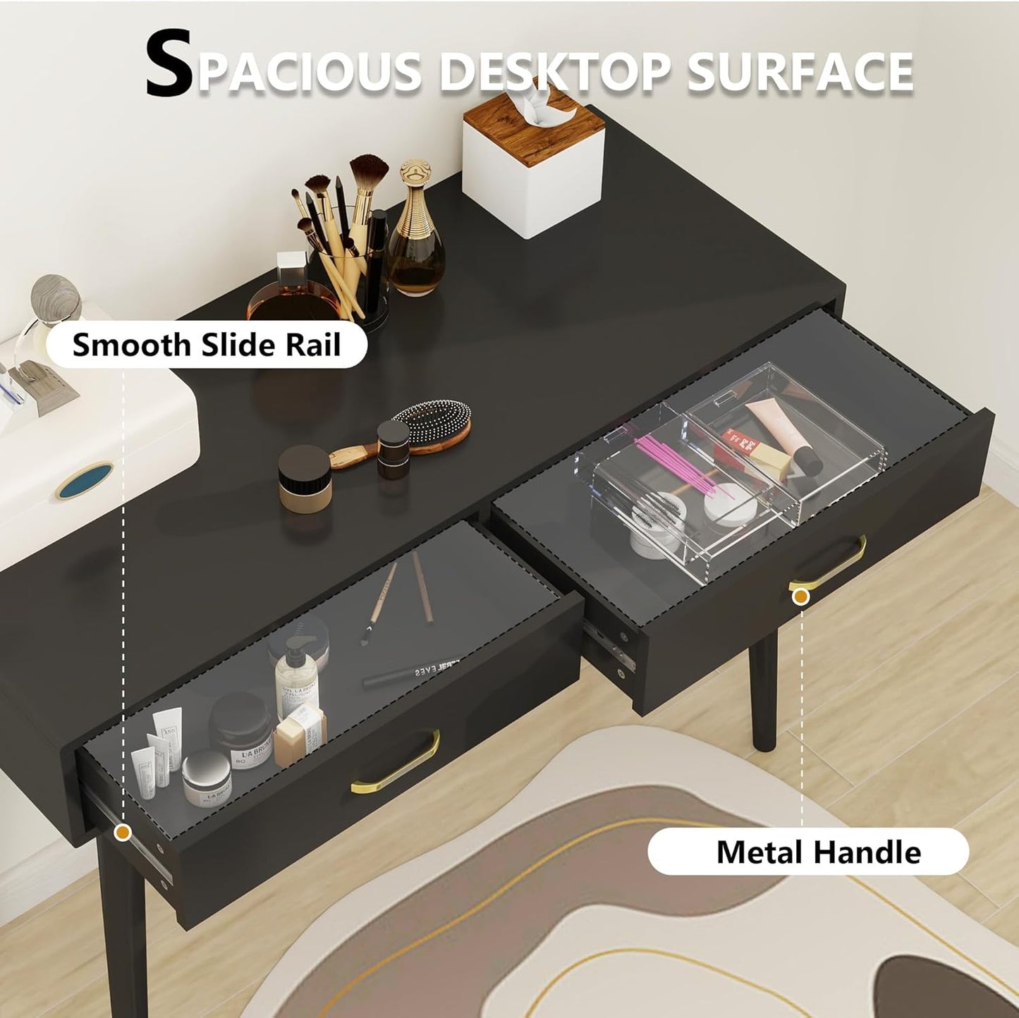 Black Small Writing Desk with Drawers, 40 Inch Writing Desk for Home Office, Vanity Desk with Solid Wood Leg for Small Spaces