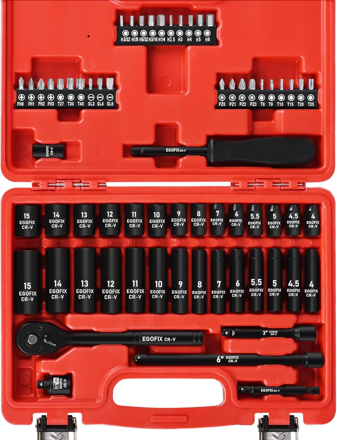 3/8" Drive Impact Socket Set, 50 Piece Standard SAE (5/16 to 3/4 inch) and Metric (8-22mm) 6 Point, with Adjustable Ratchet Handle, Extension Bars, Impact Universal Joint, Adapter, Cr-V Steel