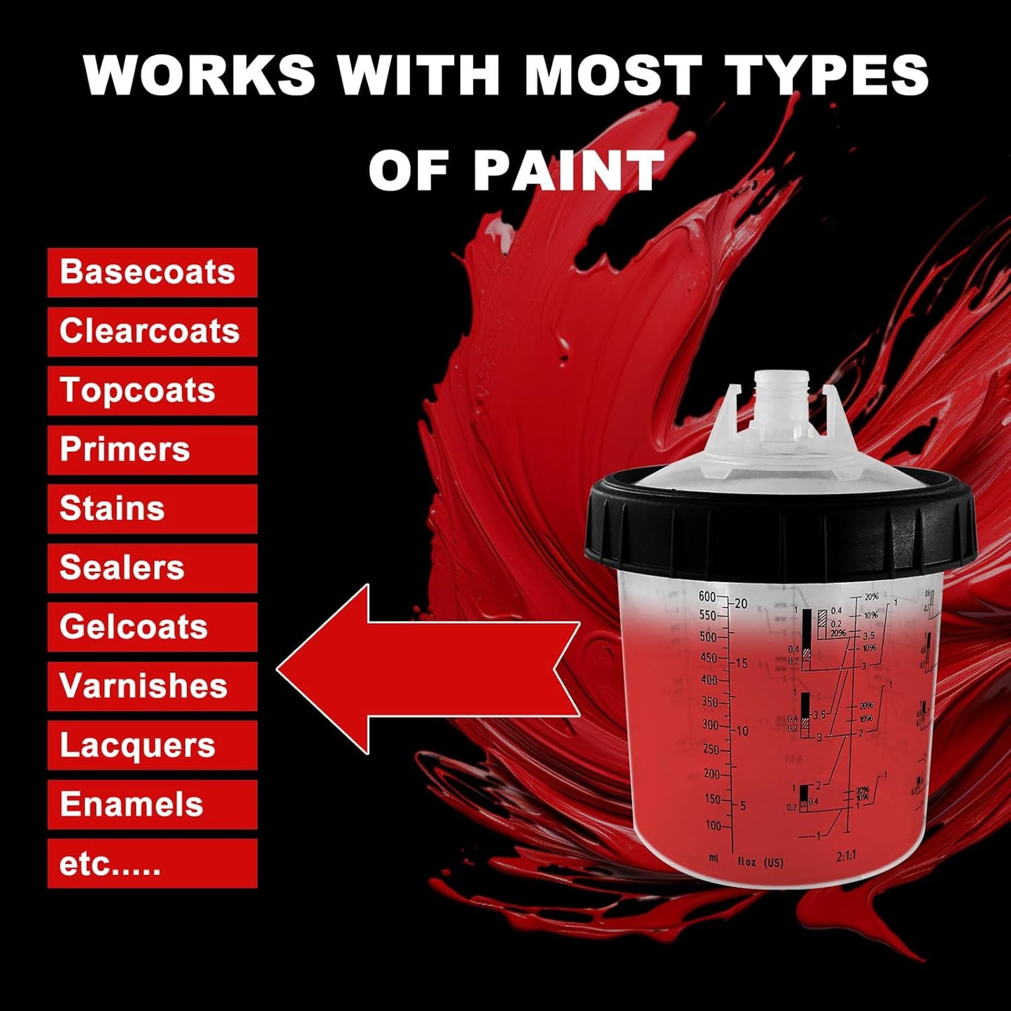 RRJ Disposable Paint Cup Spray Gun Cup, Paint System for LVLP and HVLP Spray Gun Kit 600 ML Mixing Cup with 50 Cups Liners and Lids, 1 Hard Cup with Retainer Ring, 2 Cup Adapter, Stirrer