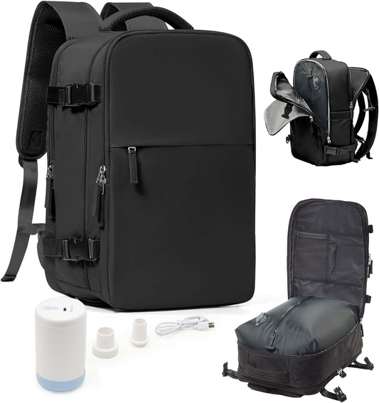 Vacuum Seal Travel Backpack with Air Pump Compression Vacpack Waterproof Carry On Backpack for Travel Women men with Vacuum System Laptop Airlines Approved Daypack Space Saver Bags Black