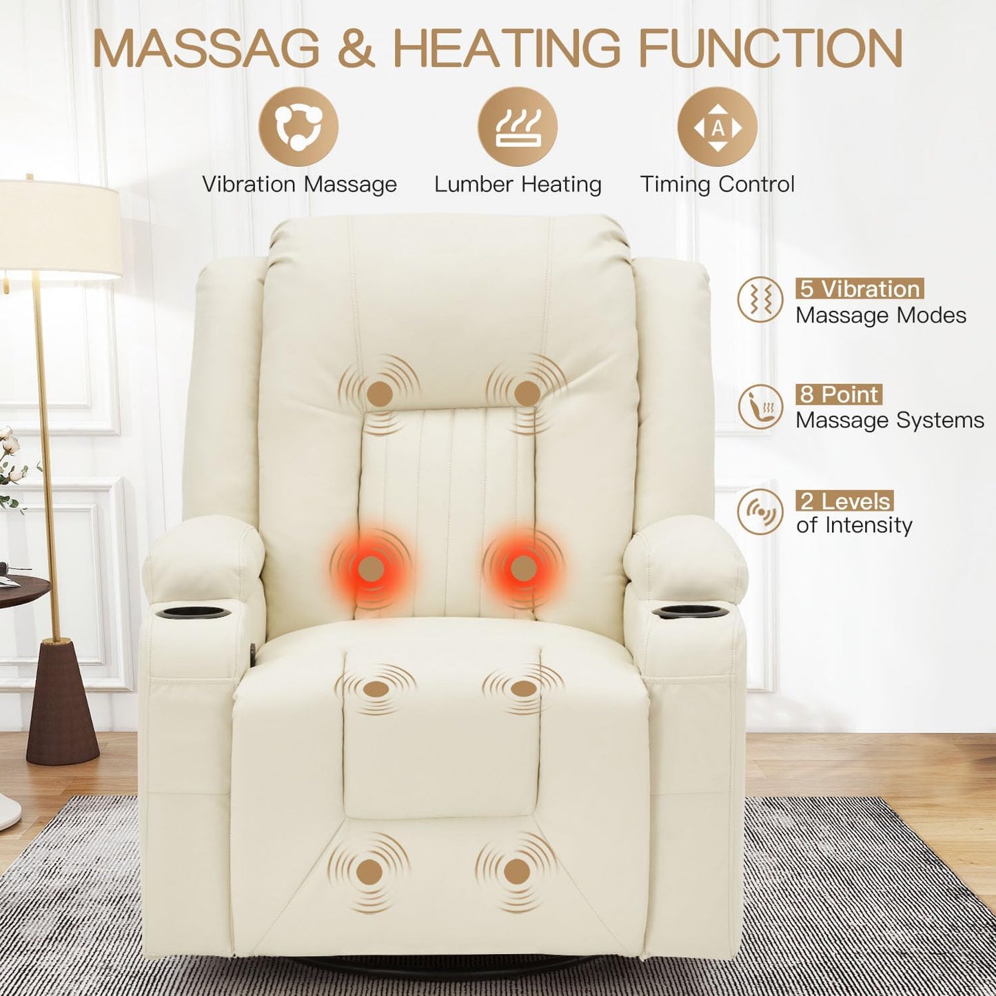 YODOLLA Massage Manual Recliner Chair with Heat, Leather Rocking Swivel Chair Lazy Boy Recliner Chair w/ 2 Side Pockages, 2 Cup Holders for Living Room, RV, Cream White